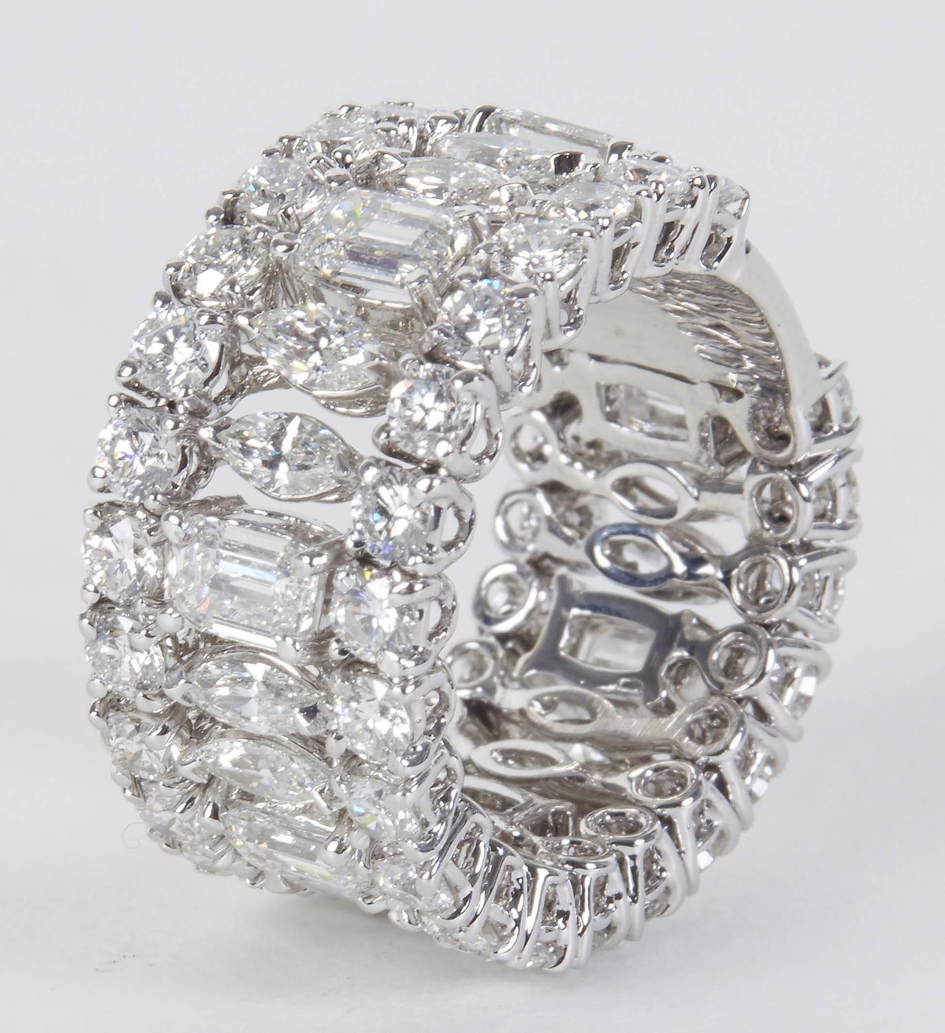 Wide Emerald Marquise and Round Cut Multiple Shape Diamond Gold Band