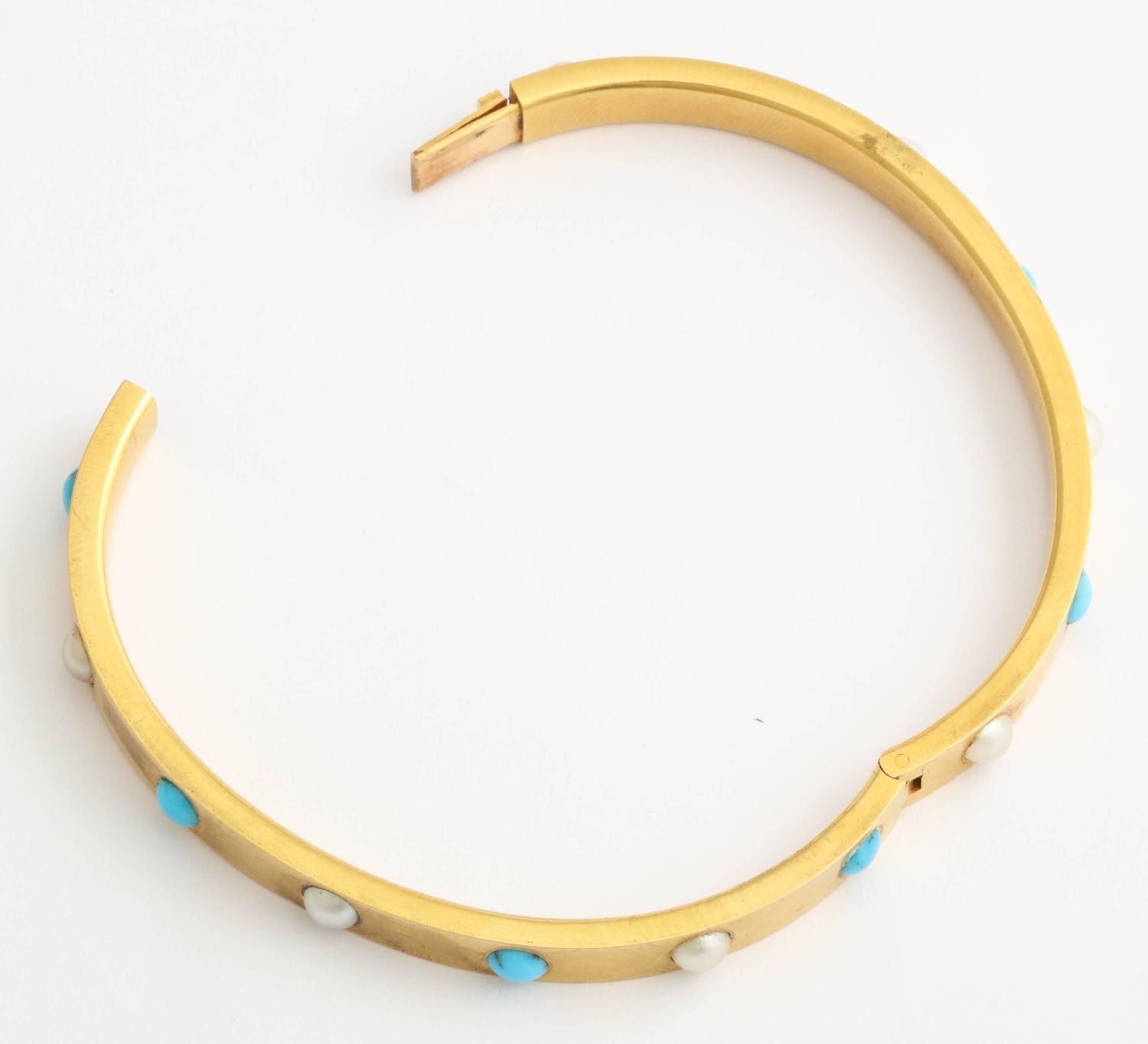 Persian Turquoise Pearl Gold Bangle Bracelet For Sale at 1stdibs
