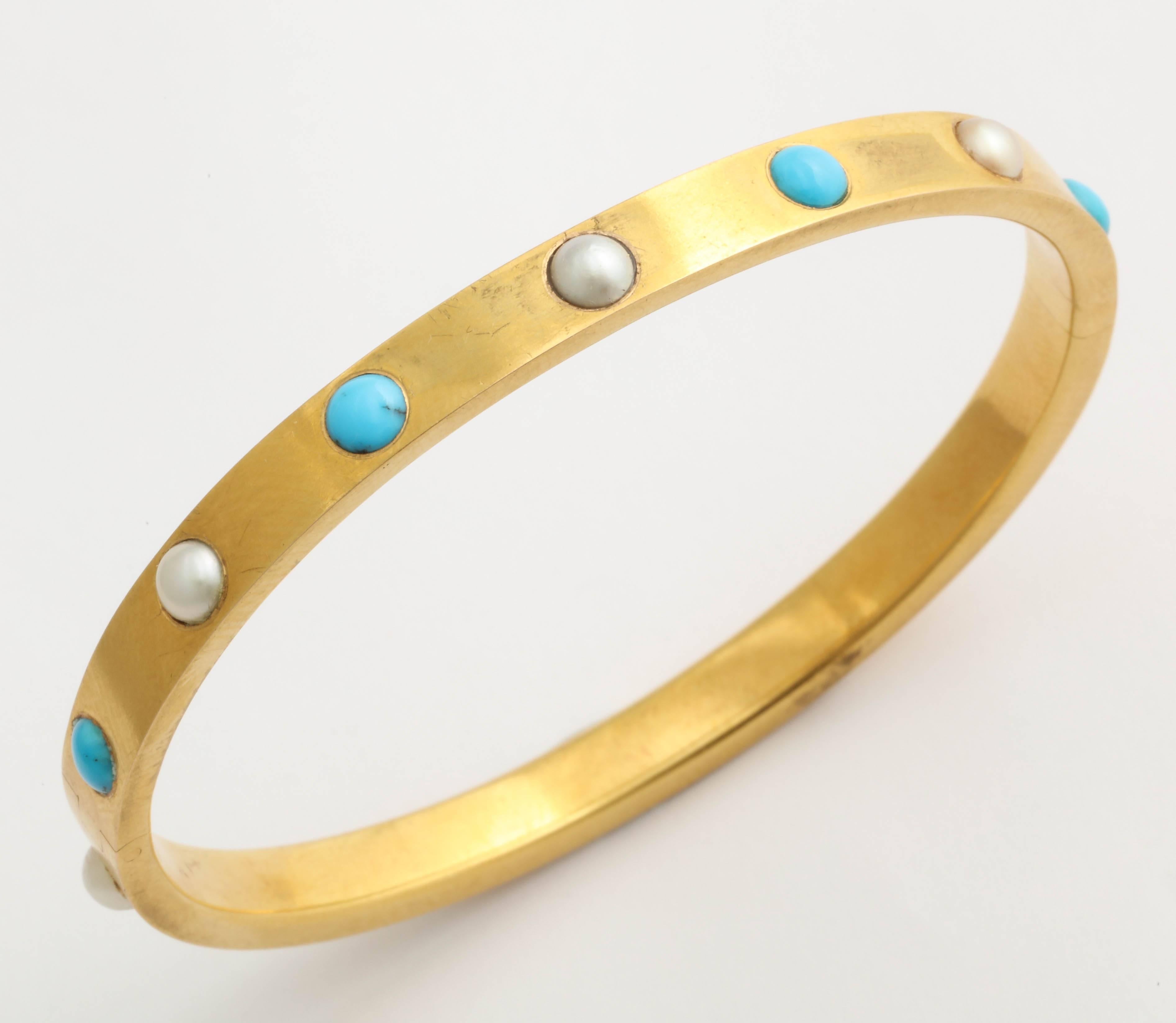 Victorian Persian Turquoise Pearl Gold Bangle Bracelet
