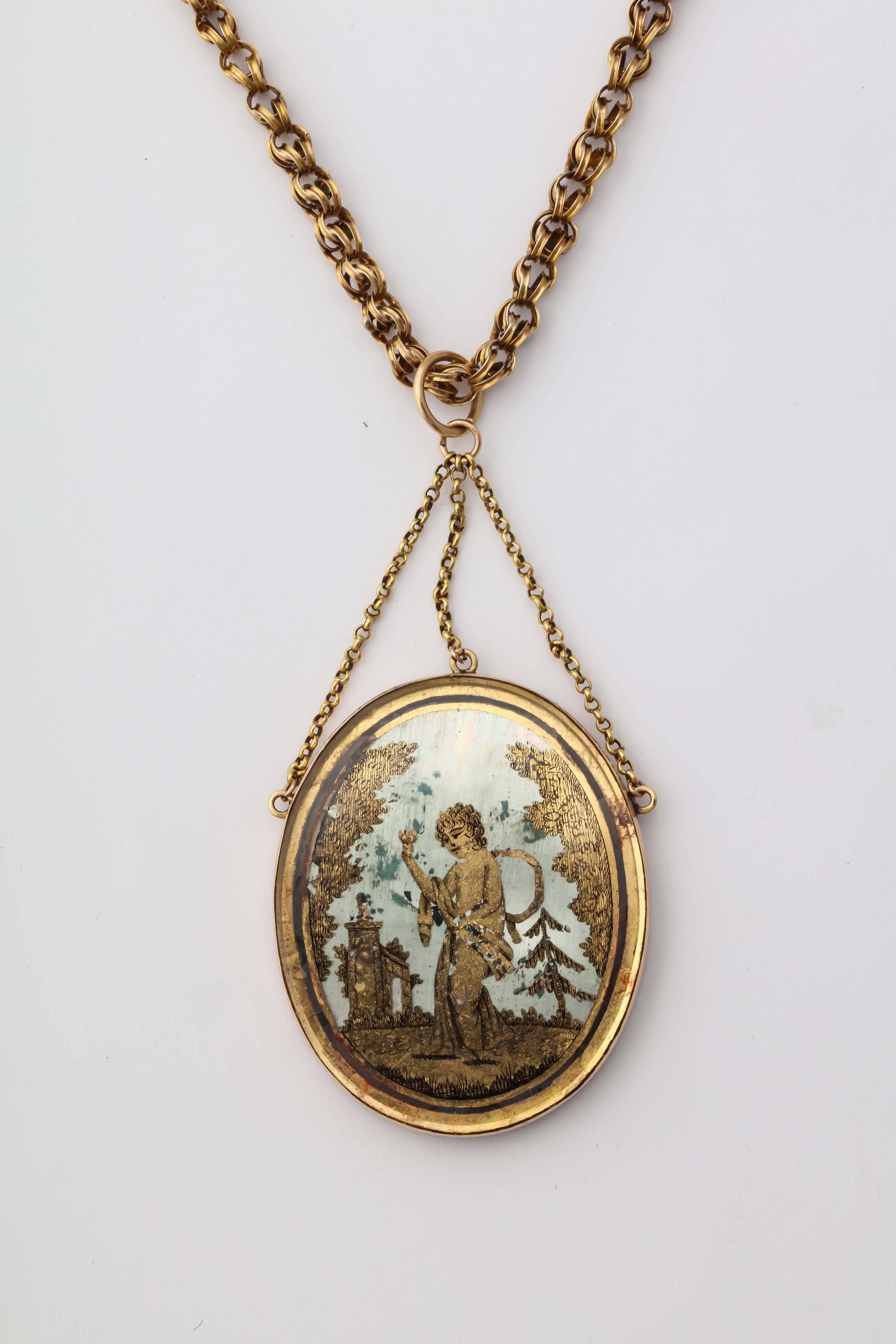 Neoclassical 1810s French Napoleonic Era 18k Gold Leaf on Glass Pendant, Paris For Sale