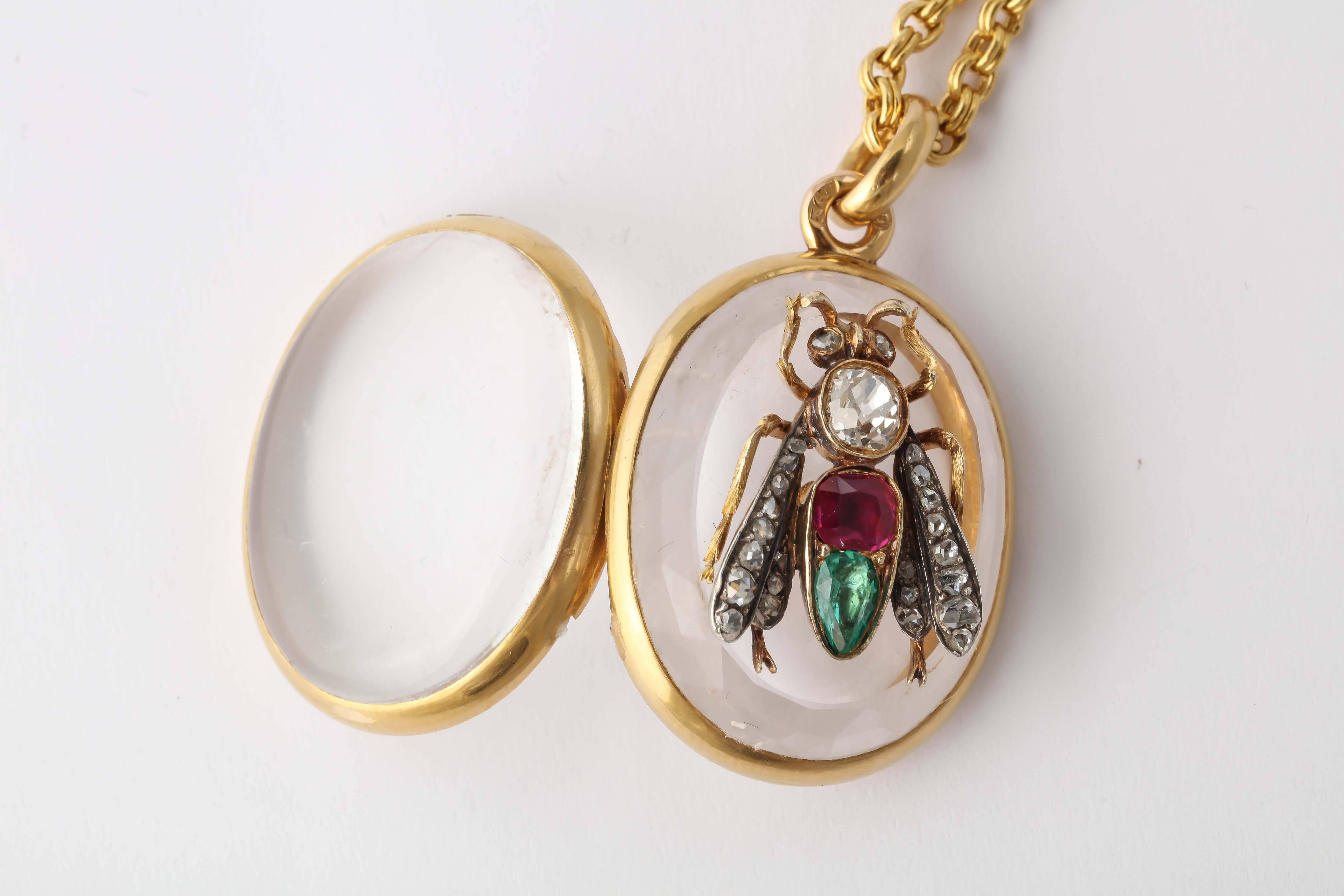 Women's or Men's 20th Century Ruby Emerald Diamond Gold Fly Locket For Sale