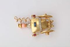 English Sapphire Ruby Diamond 18k Gold Stagecoach Hat or Lapel Pin, London