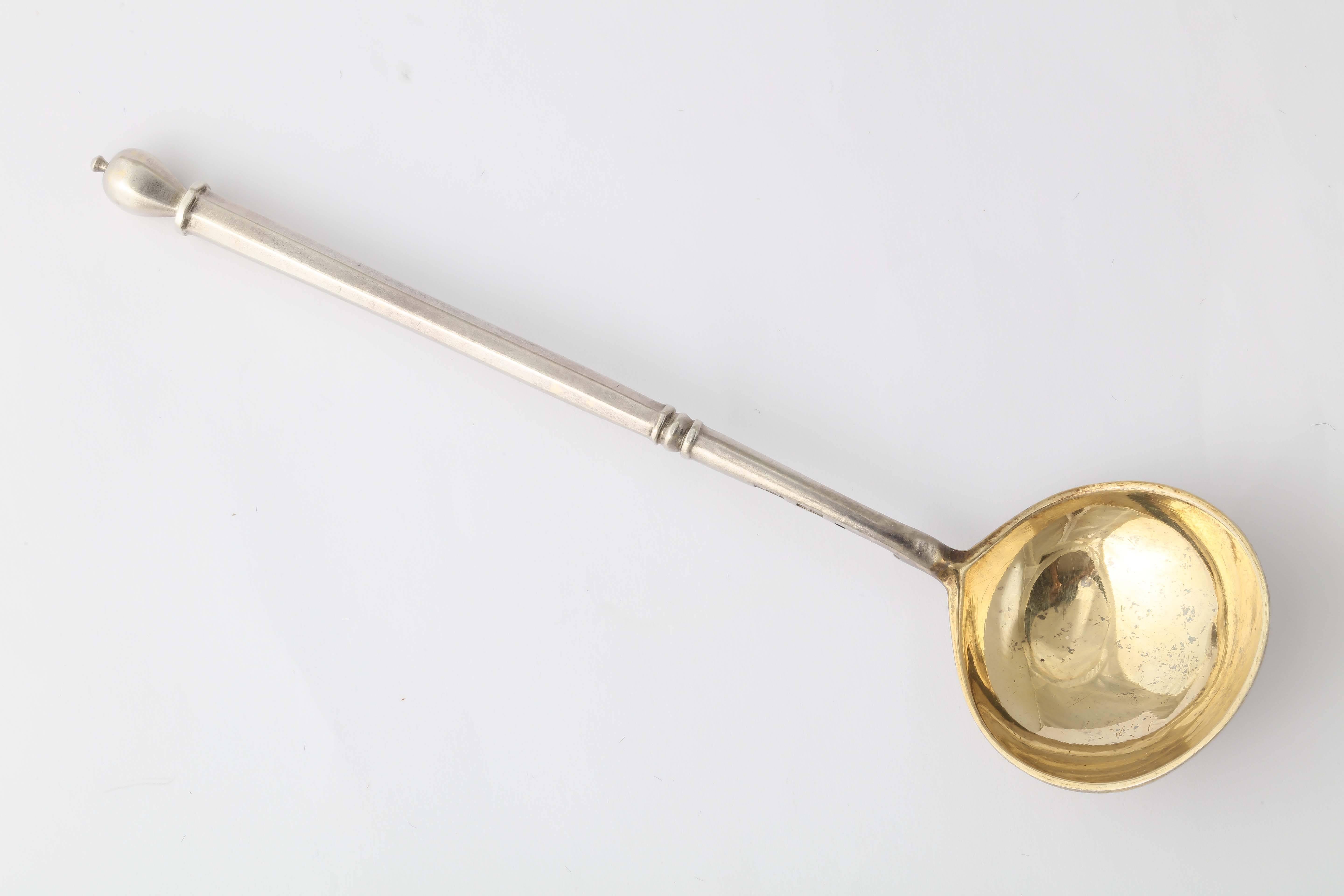 This Russian silver spoon was presented the year of the Romanov Tercentenary in 1913. Its fig shaped bowl with gilded interior, the exterior engraved with cipher above 