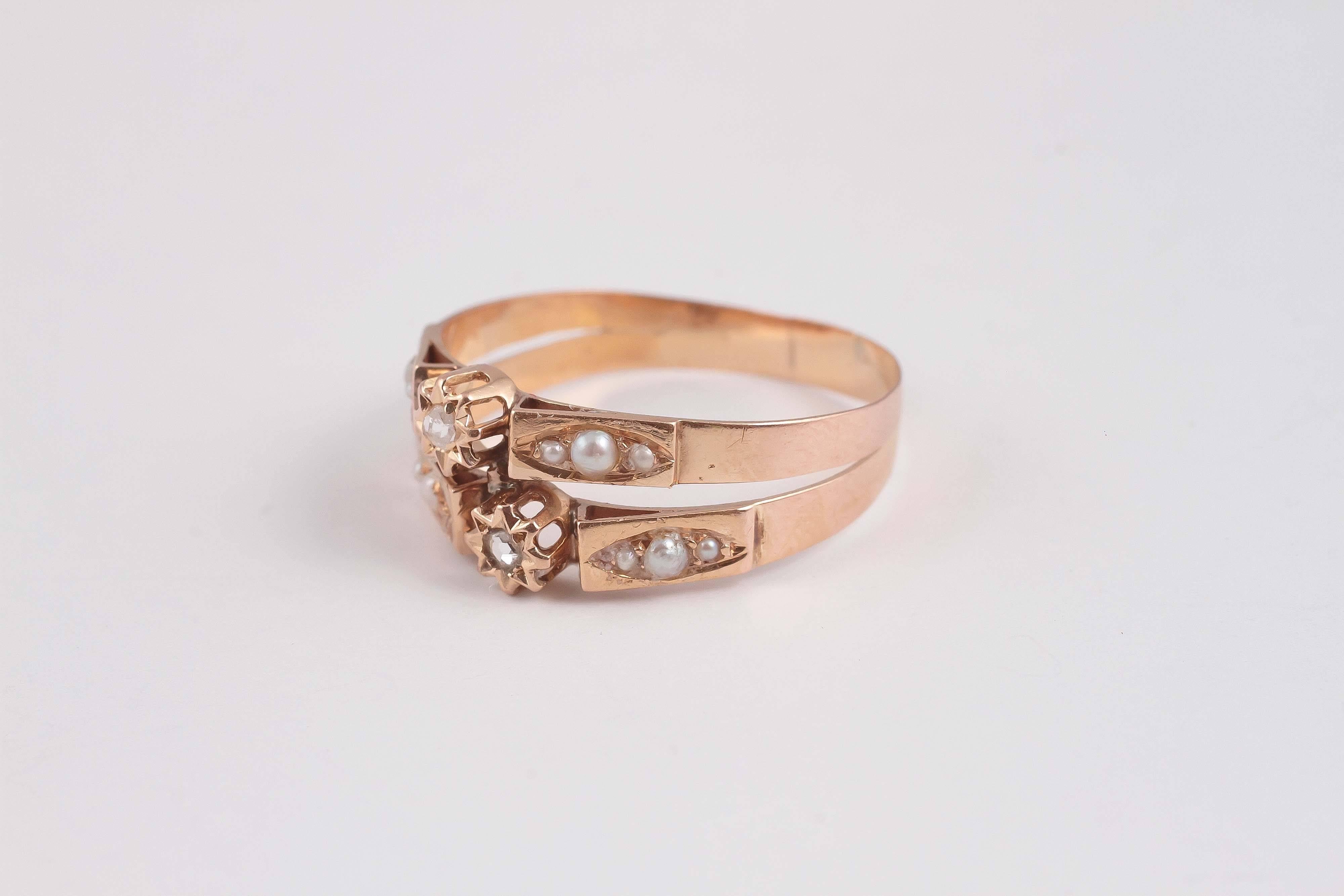1890er Jahre Love Token-Ring, Saatperlen-Diamant-Gold (Art nouveau)
