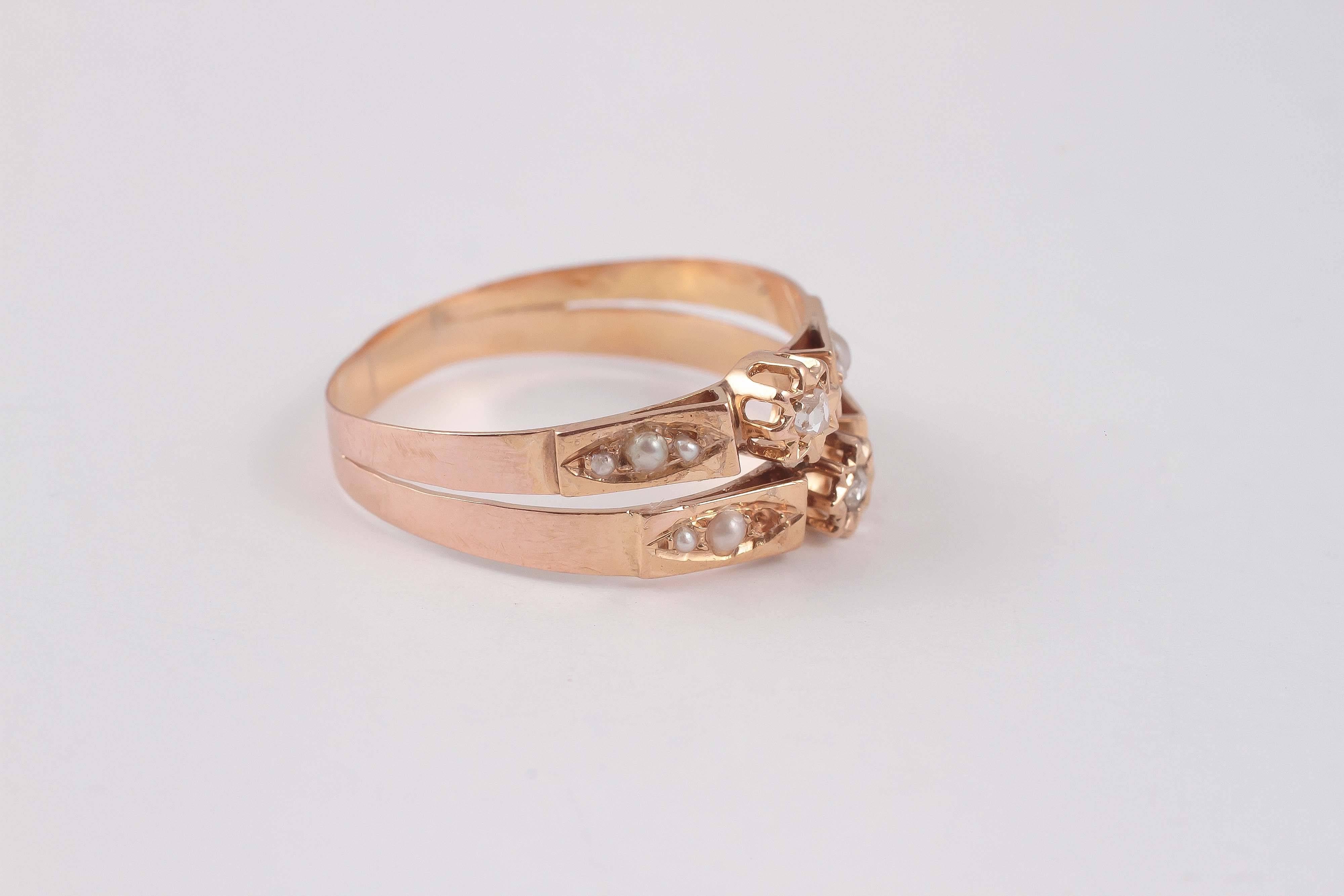 1890er Jahre Love Token-Ring, Saatperlen-Diamant-Gold (Rosenschliff)