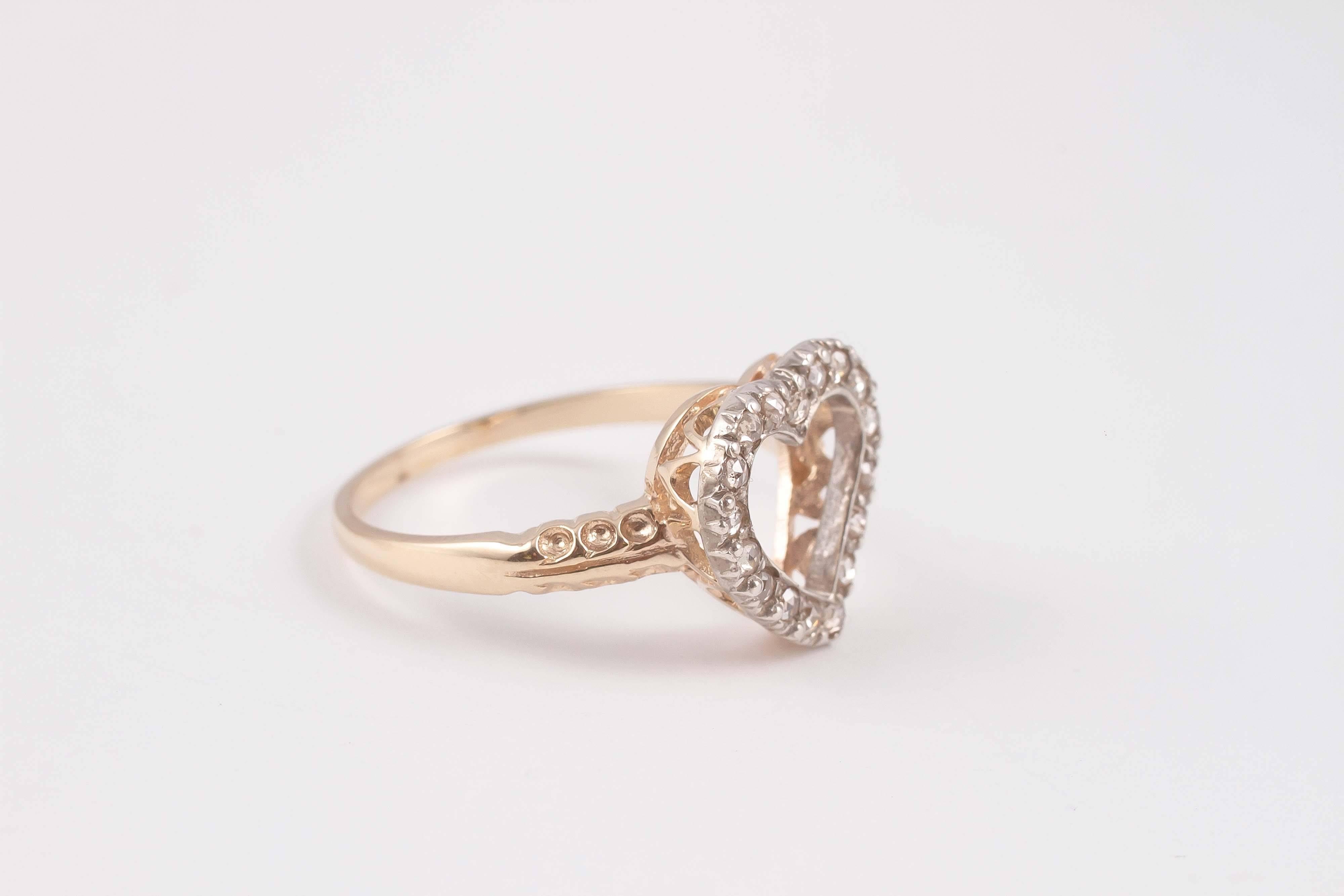Women's Victorian Diamond Two Color Gold Heart Ring