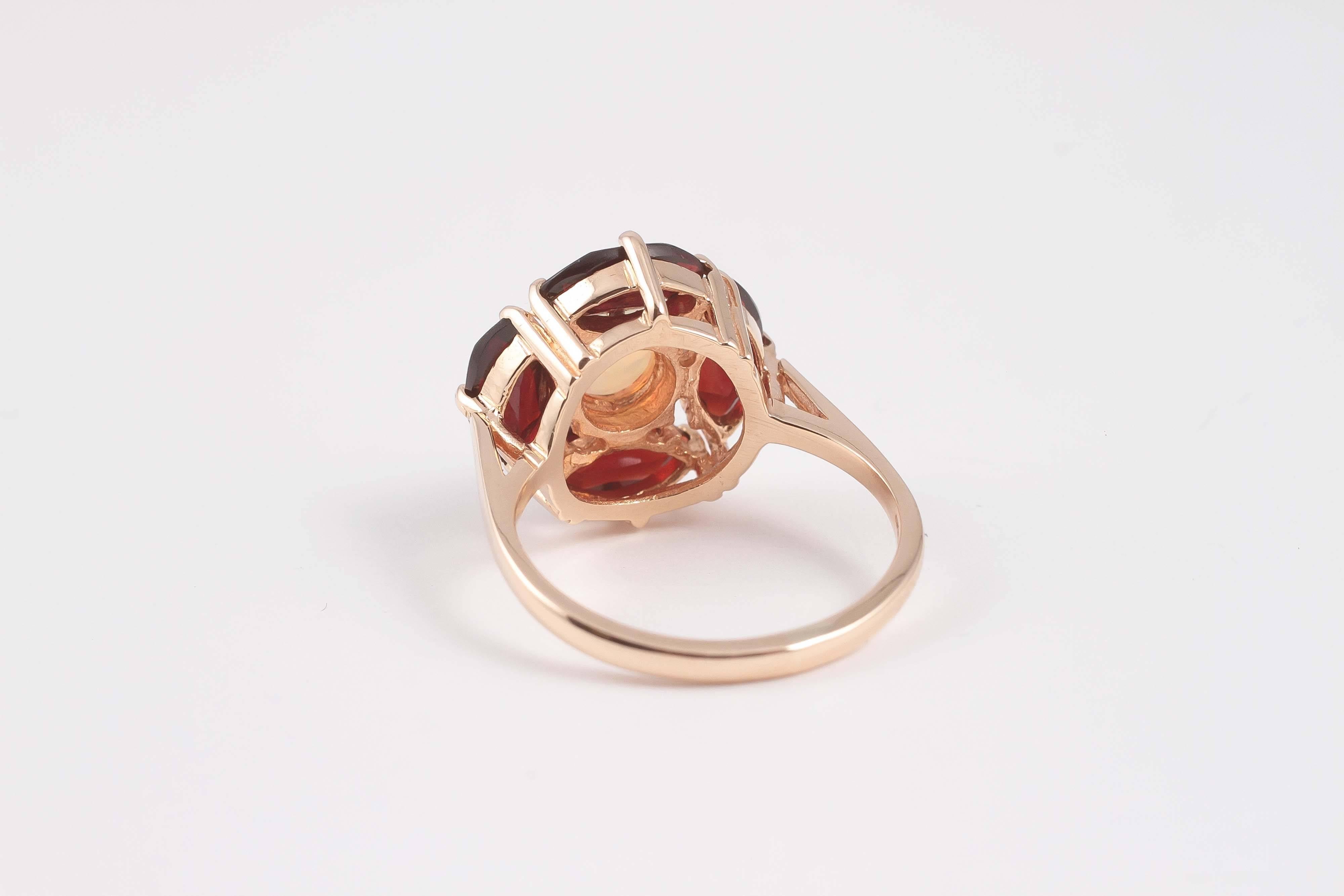 Round Cut Opal Garnet Gold Ring