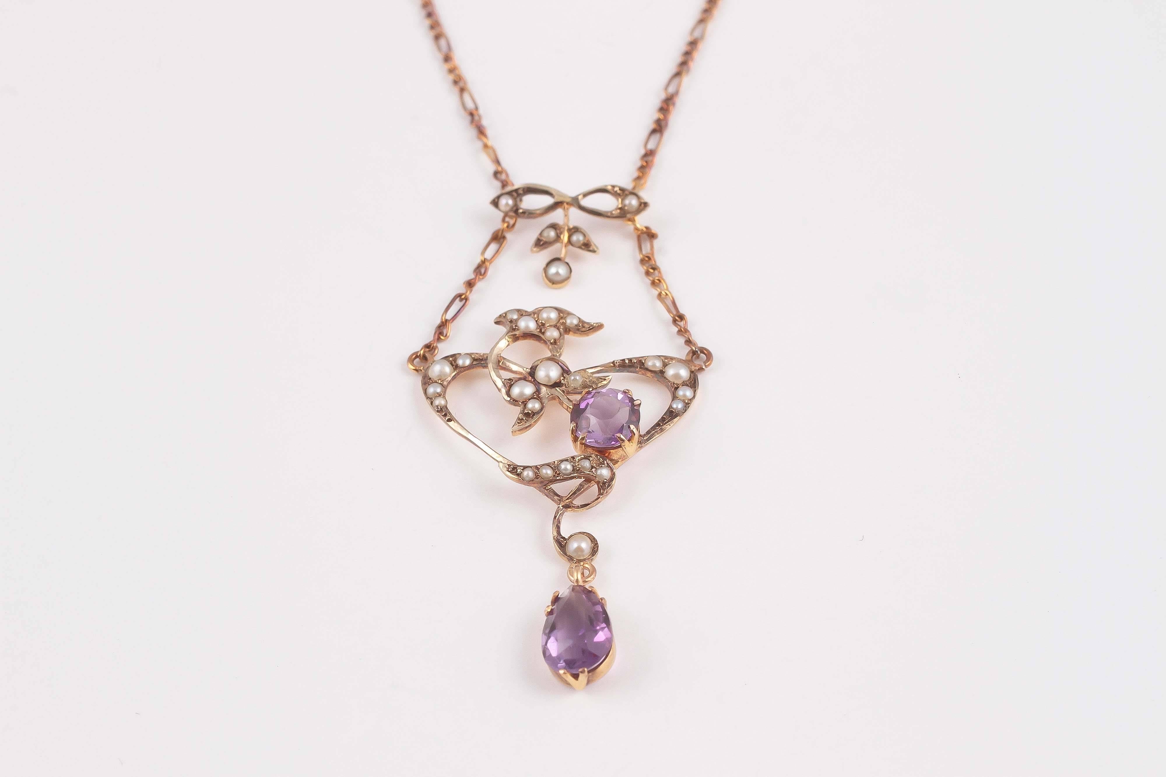 Art Nouveau Amethyst Seed Pearl Gold Lavalier Necklace