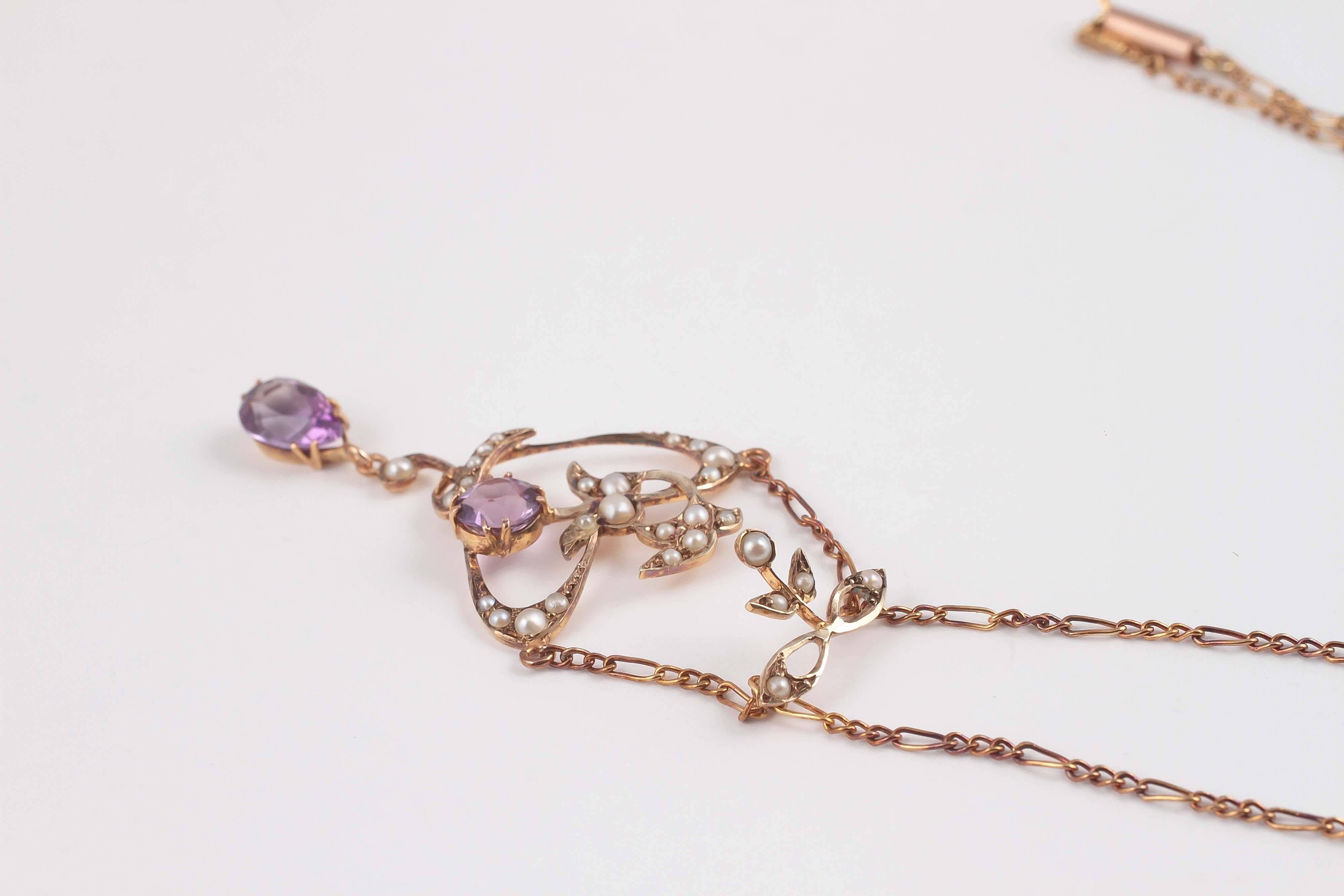 Amethyst Seed Pearl Gold Lavalier Necklace In Excellent Condition In Dallas, TX
