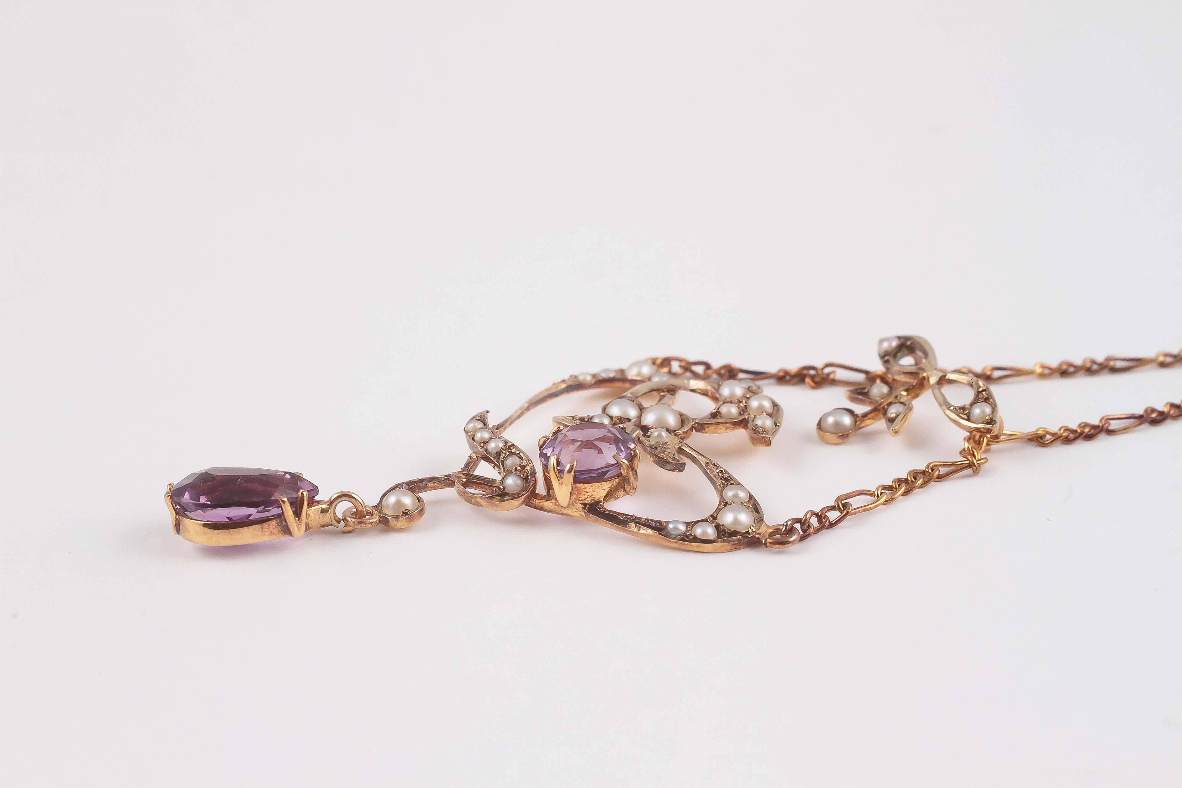 Women's Amethyst Seed Pearl Gold Lavalier Necklace