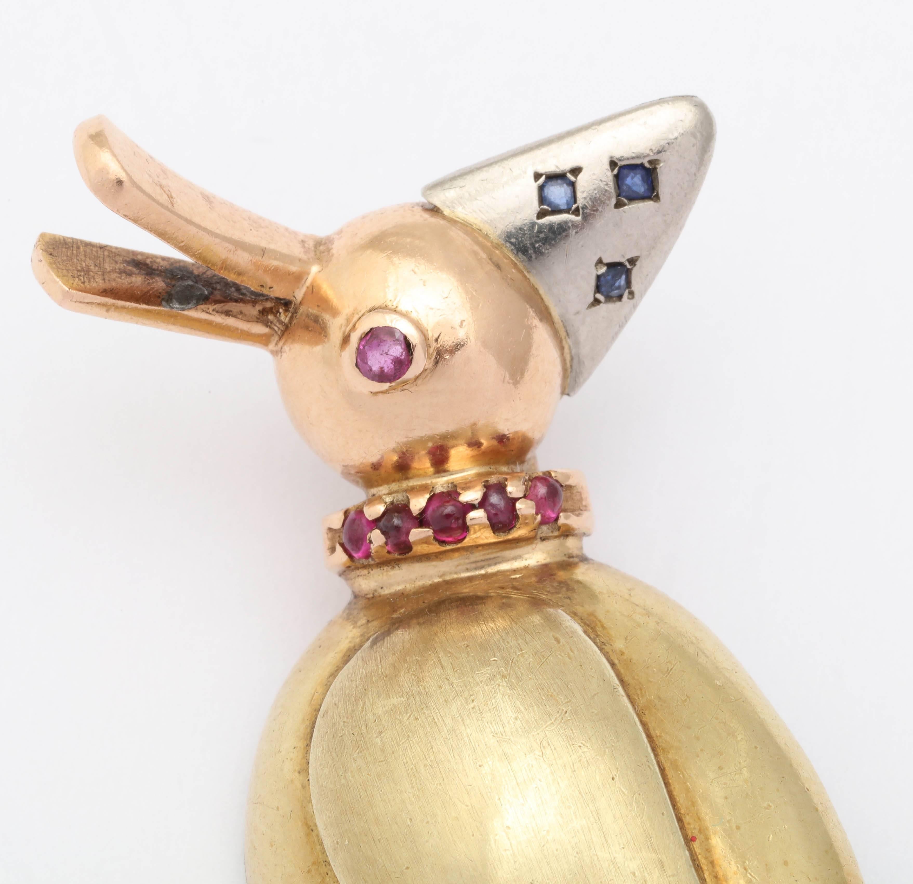 Modern Retro Gold Goose Pin w Rubies & Sapphires  For Sale