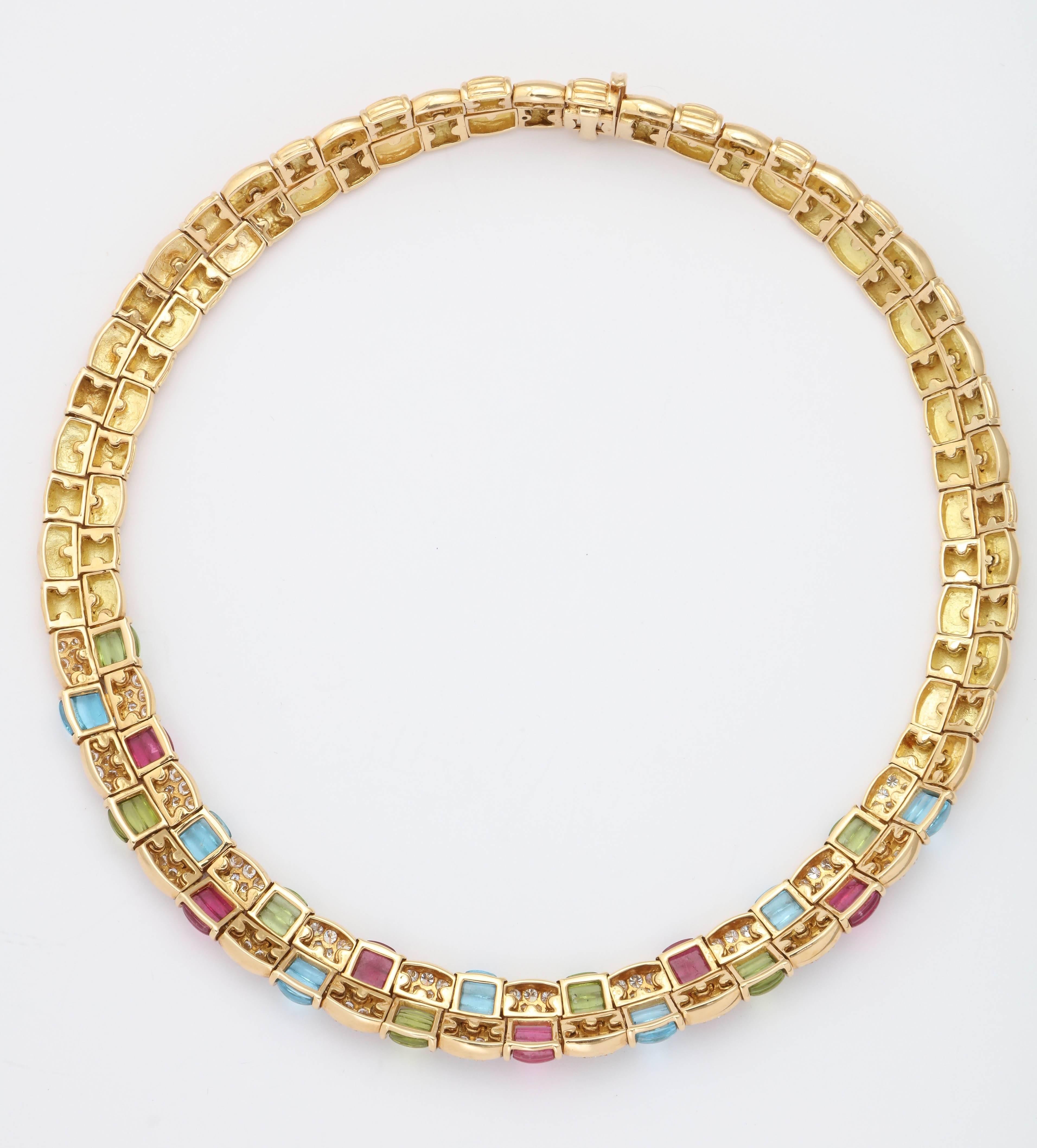 Fred Paris Multicolored Stone Diamond Gold Double Row Necklace In Excellent Condition In New York, NY