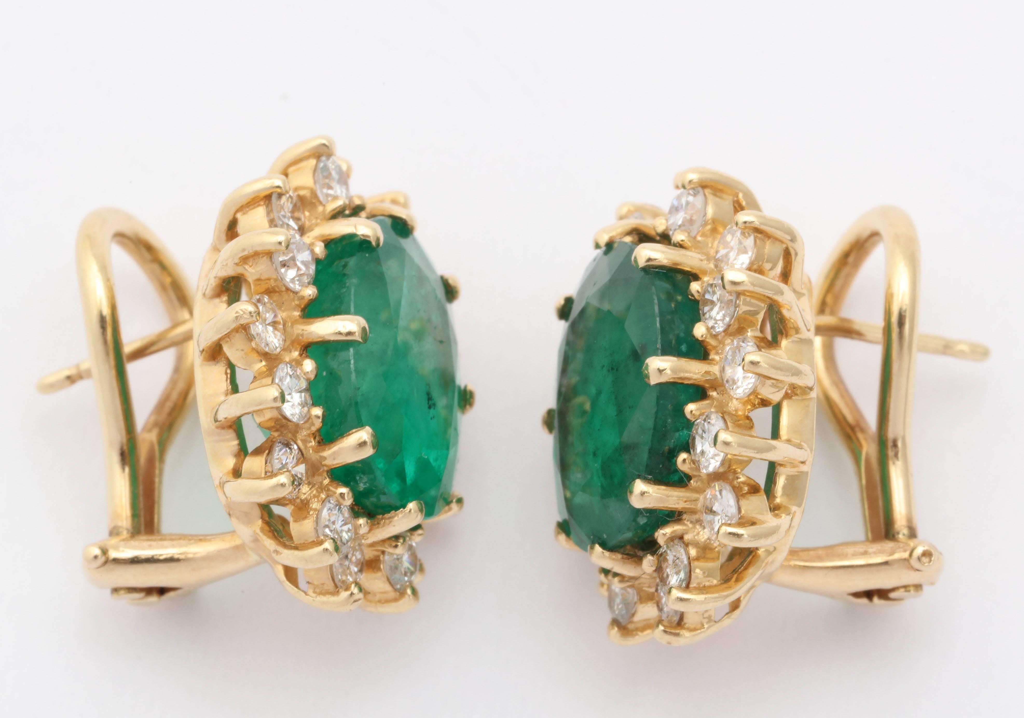 Pair of impressive faceted Emeralds - approximately 3 - 3.5 carats each set  in 14kt Yellow Gold and surrounded by 16 prong set clean, white Diamonds.  Impressive and very wearable. Pierced with Omega Backs.