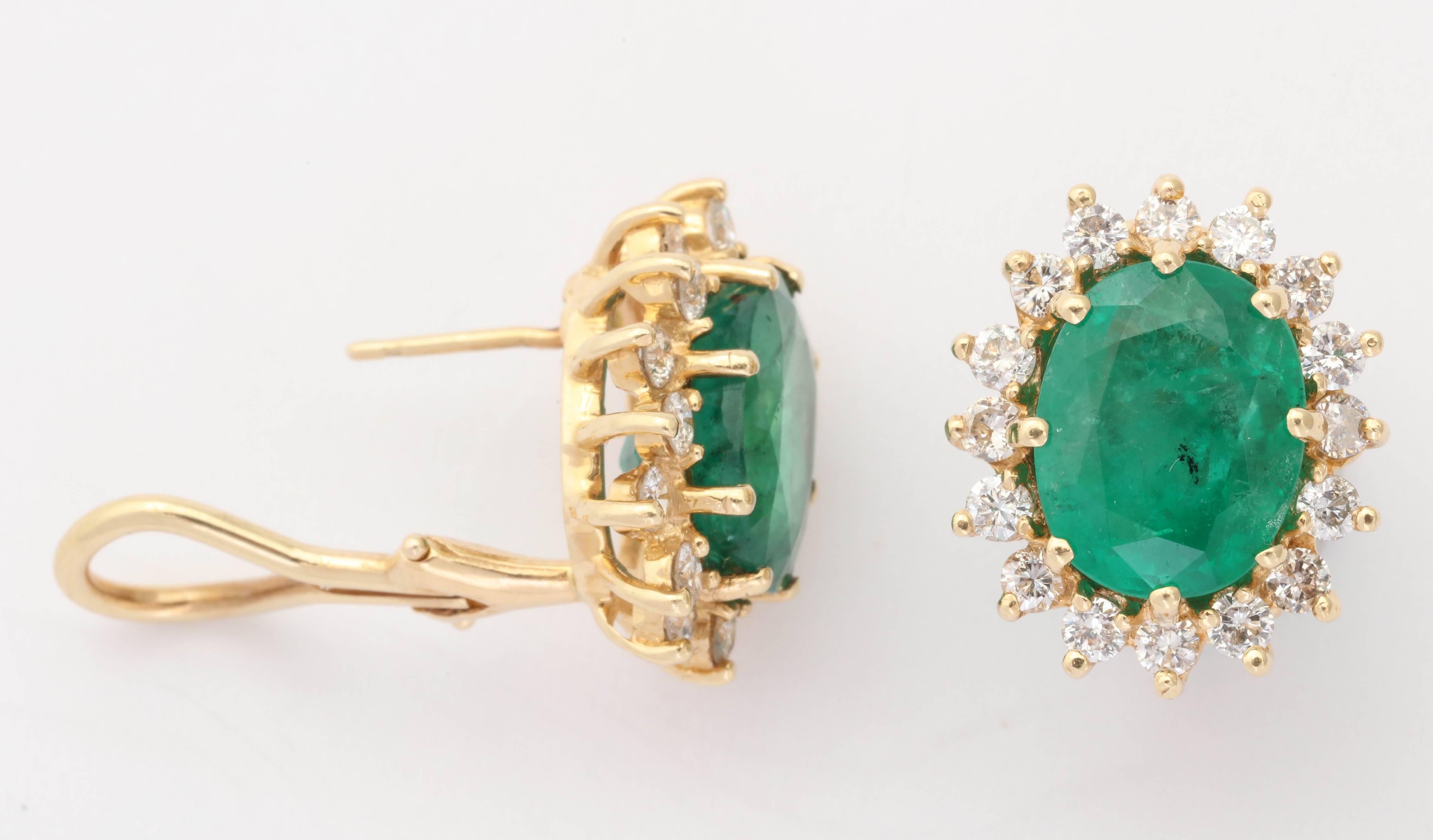Oval Emerald Diamond Gold surround Earrings 1