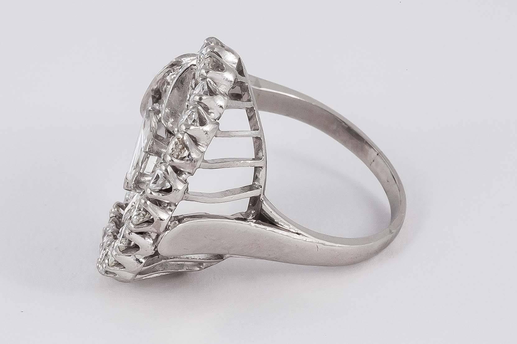 Modern Diamond Platinum Fan Shaped Ring For Sale