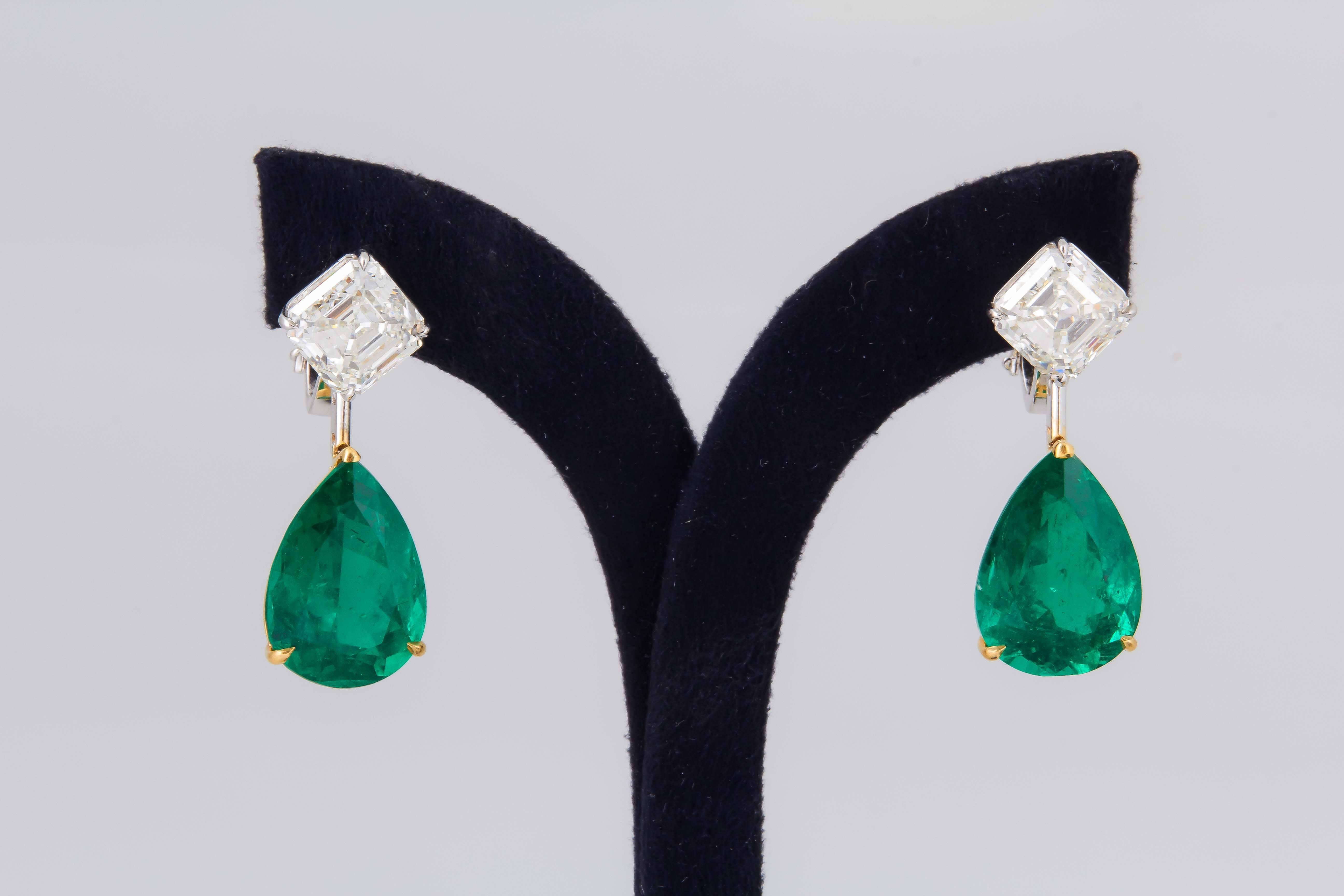 Women's 15.97 Carat Colombian Emerald and Diamond Drop Earrings For Sale