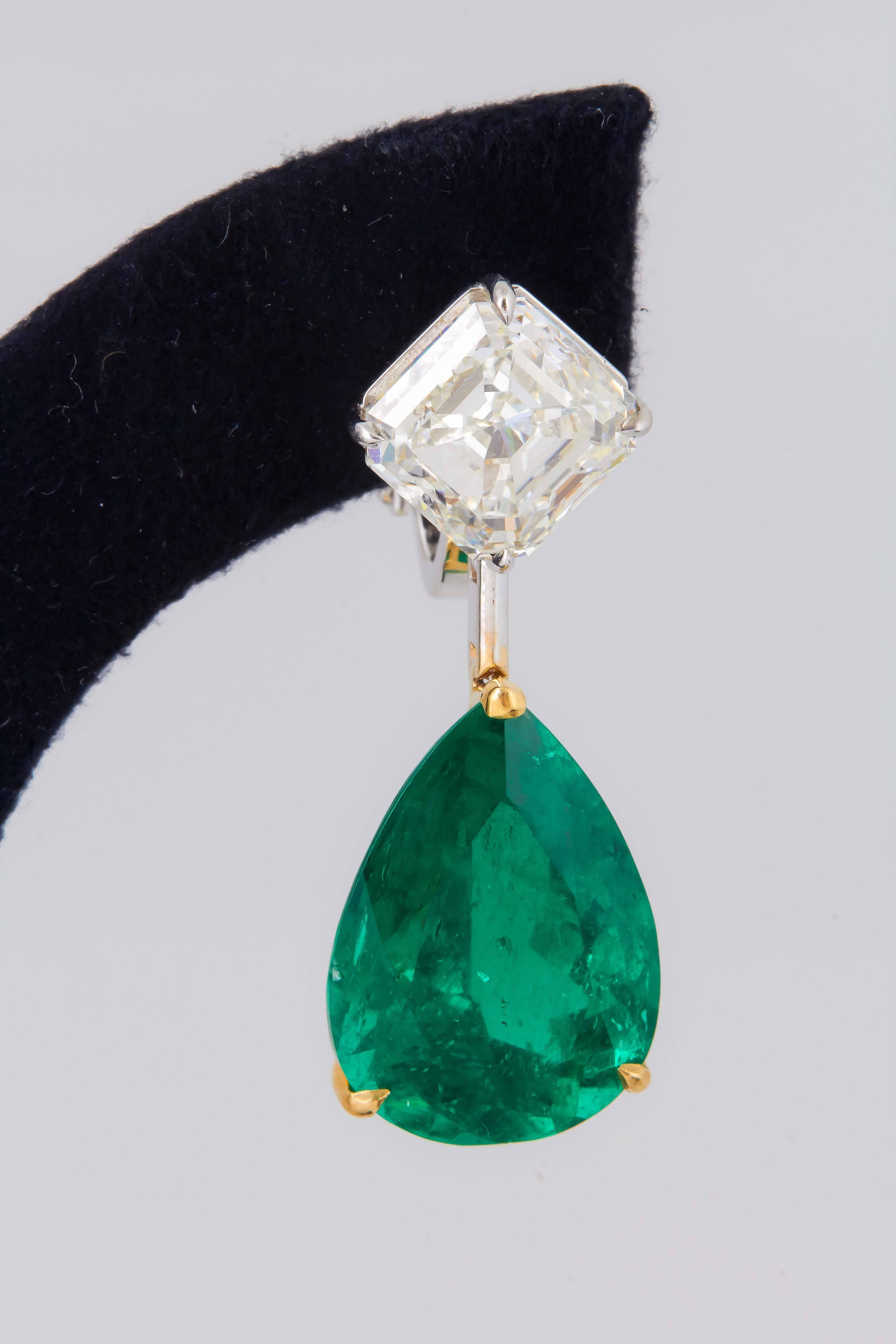 15.97 Carat Colombian Emerald and Diamond Drop Earrings For Sale 1