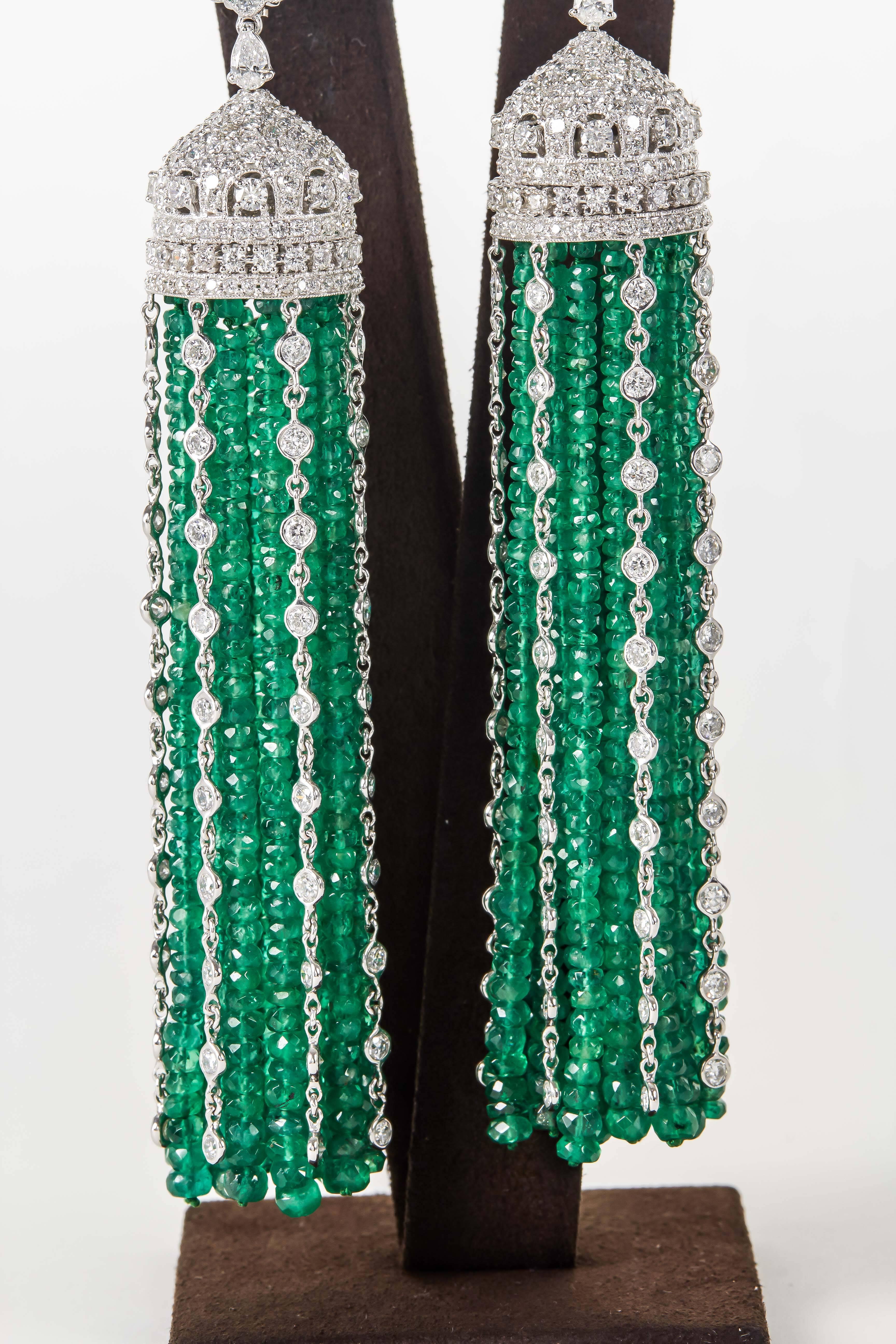 

A FABULOUS PIECE!!!

Over 275 carats of emeralds, 17.62 carats of diamonds.

18K white gold.

Approximately 5 inches in length from top to bottom.

This piece can be warn casually or to a black tie affair, a great item to add to any