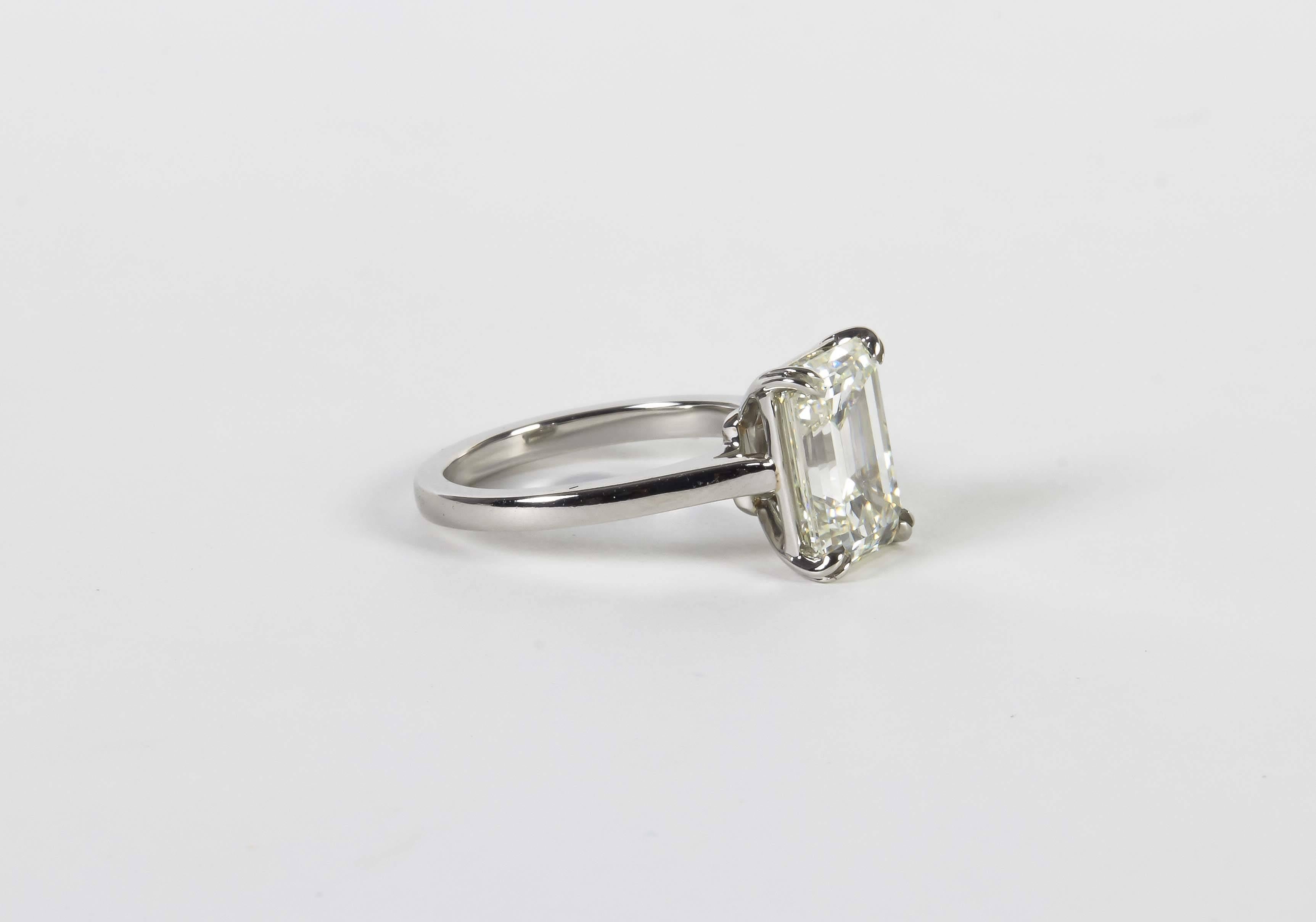 

A beautiful brilliant diamond in a custom made mounting.

GIA certified 4.26 carat K color VVS2 clarity set in a platinum mounting.

The stone has the perfect Emerald cut shape! The diamond faces up white, looks like an H/I color!

A stunning ring!