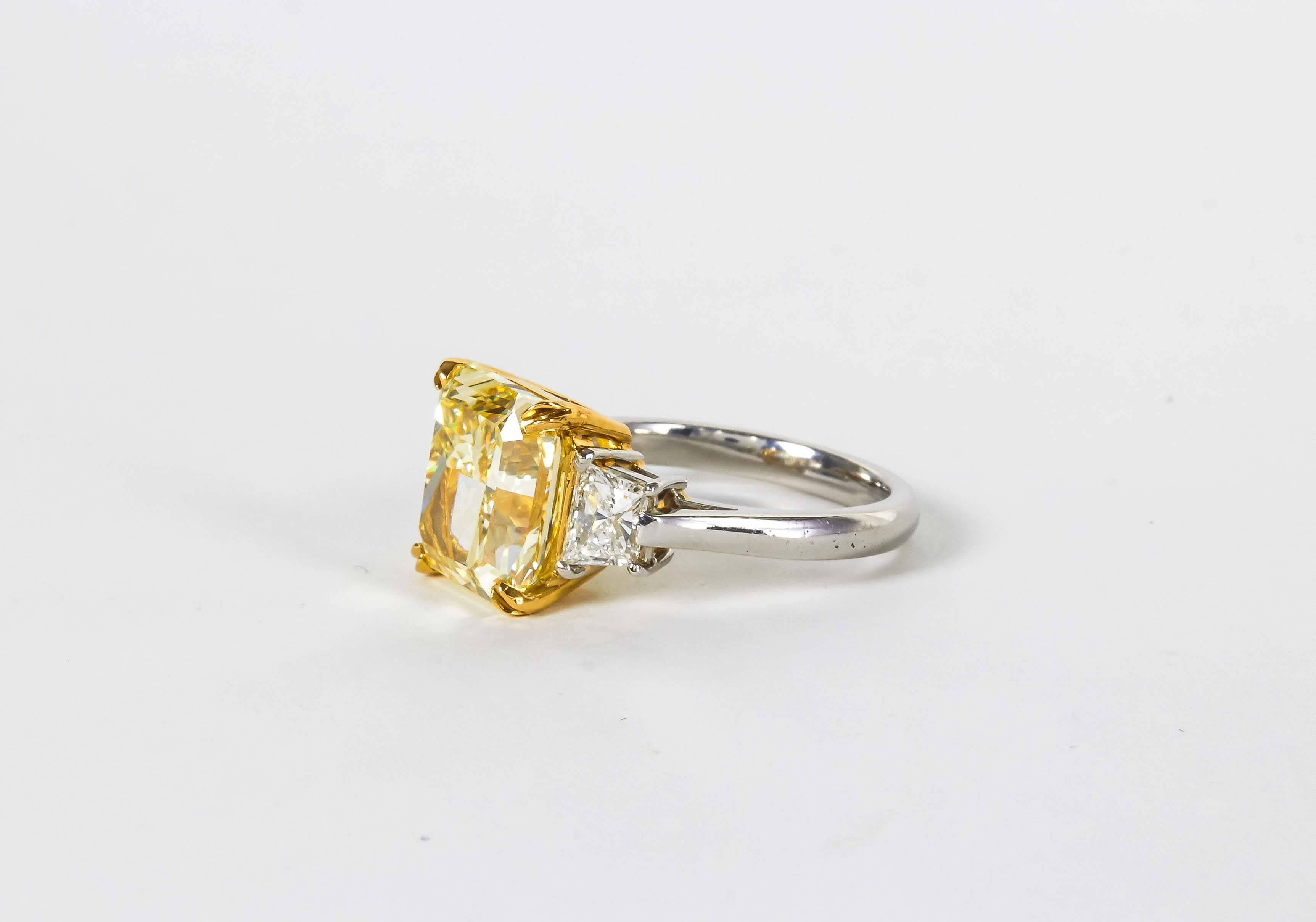 Radiant Cut 5.62 Carat GIA Cert Fancy Yellow Diamond Gold Platinum Ring