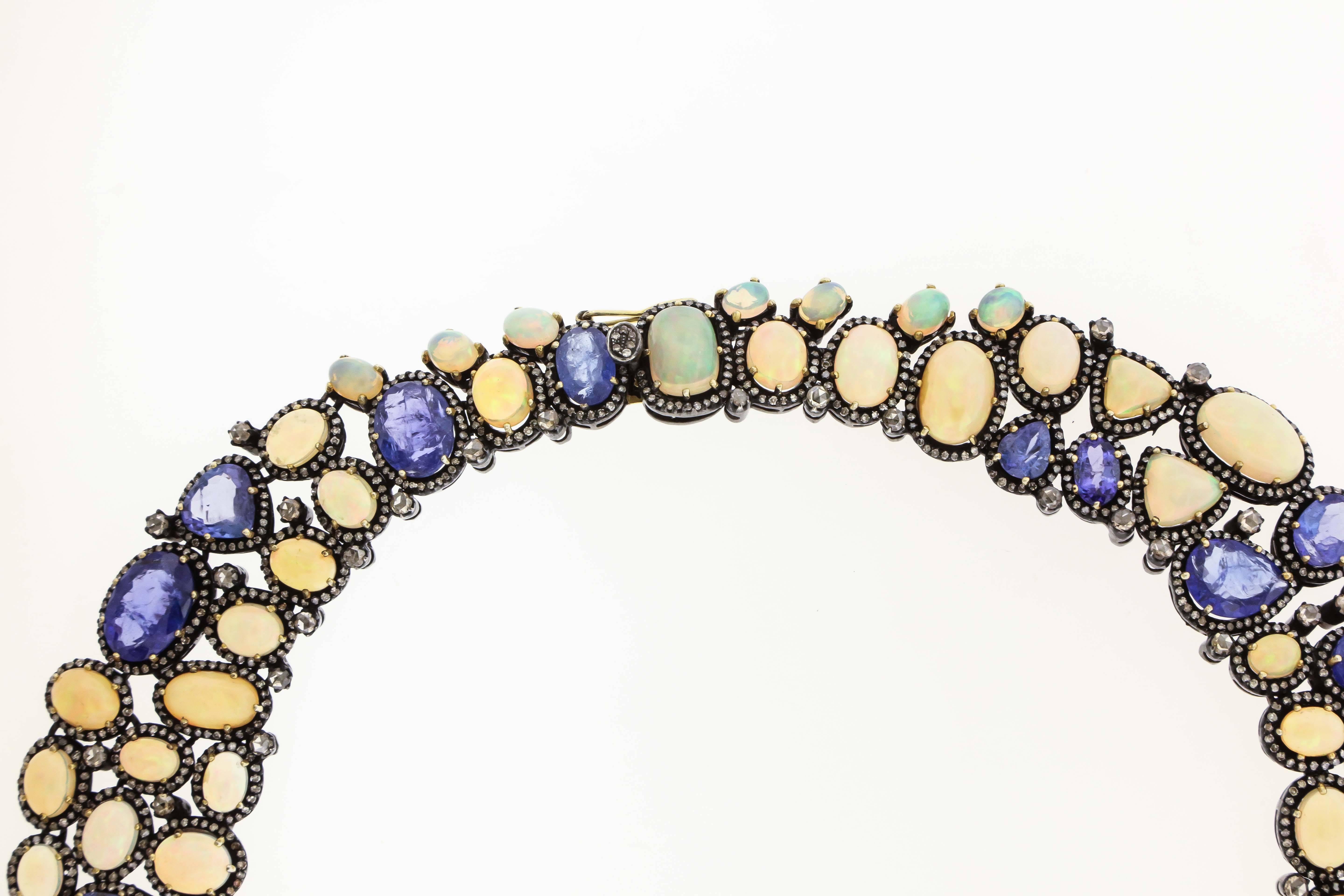 Opal Tanzanite Diamond Silver Bib Necklace In New Condition In New York, NY