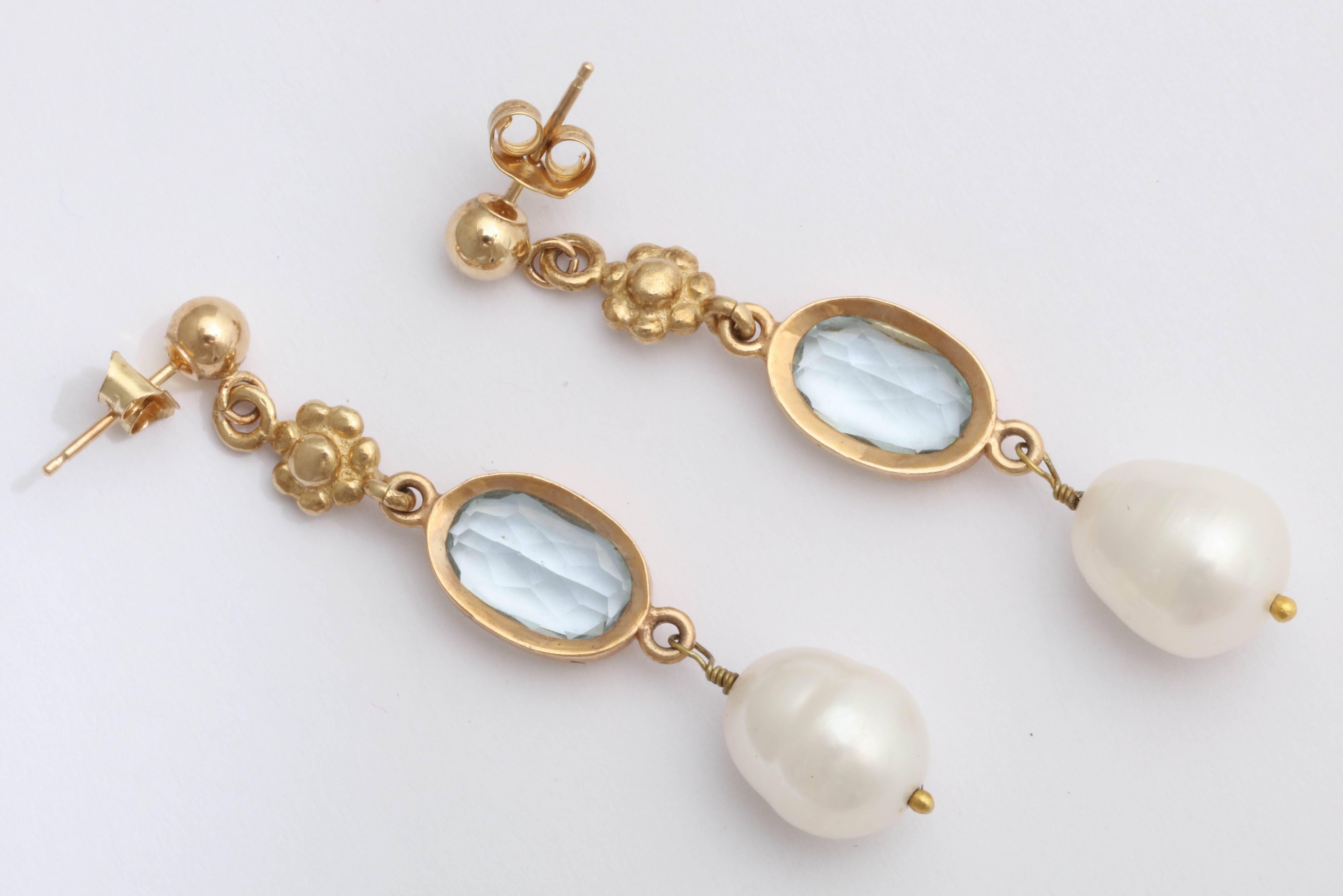 Artisan Pearl Aquamarine Gold Dangle Earrings For Sale