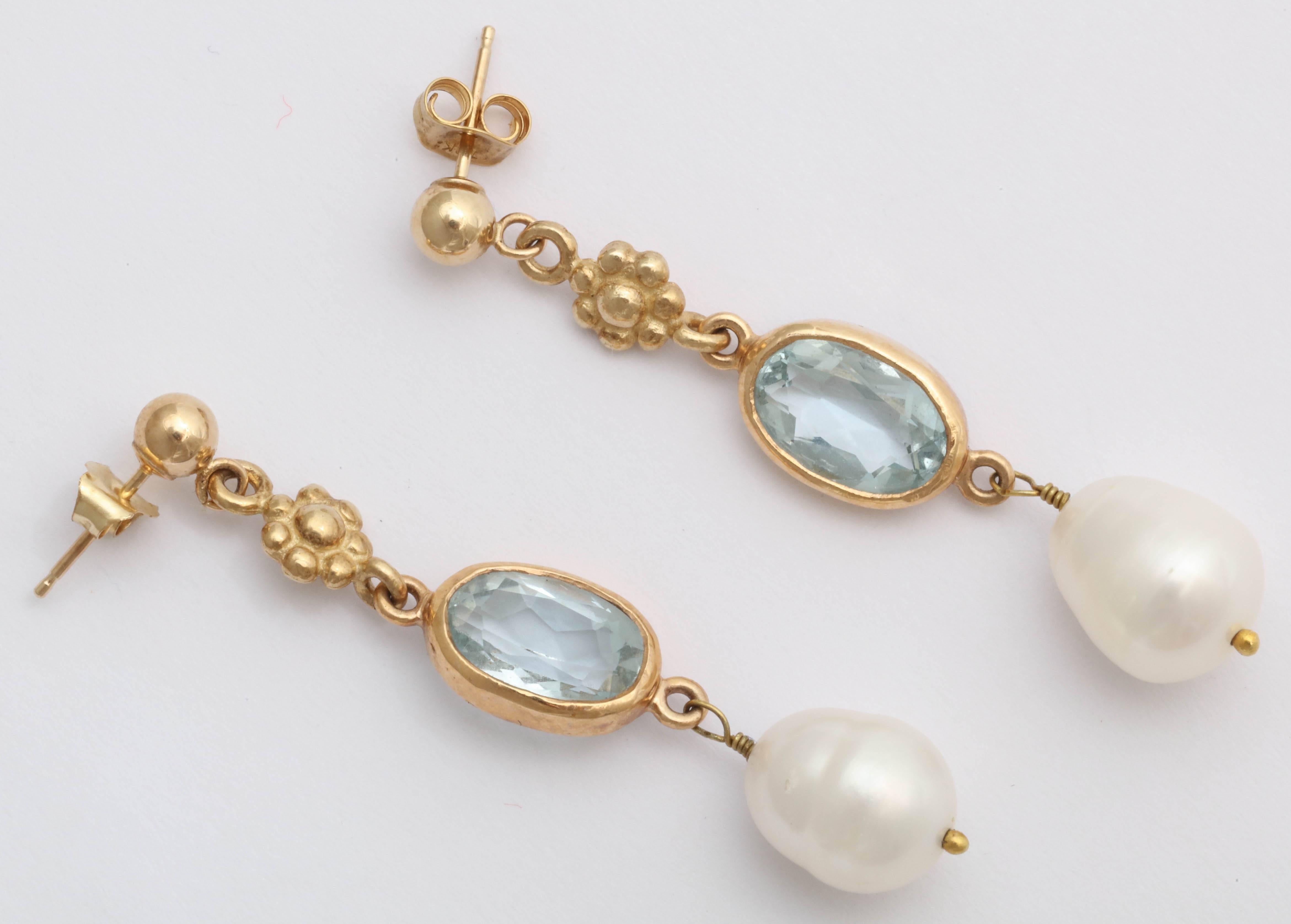 Pearl Aquamarine Gold Dangle Earrings In New Condition For Sale In TRYON, NC