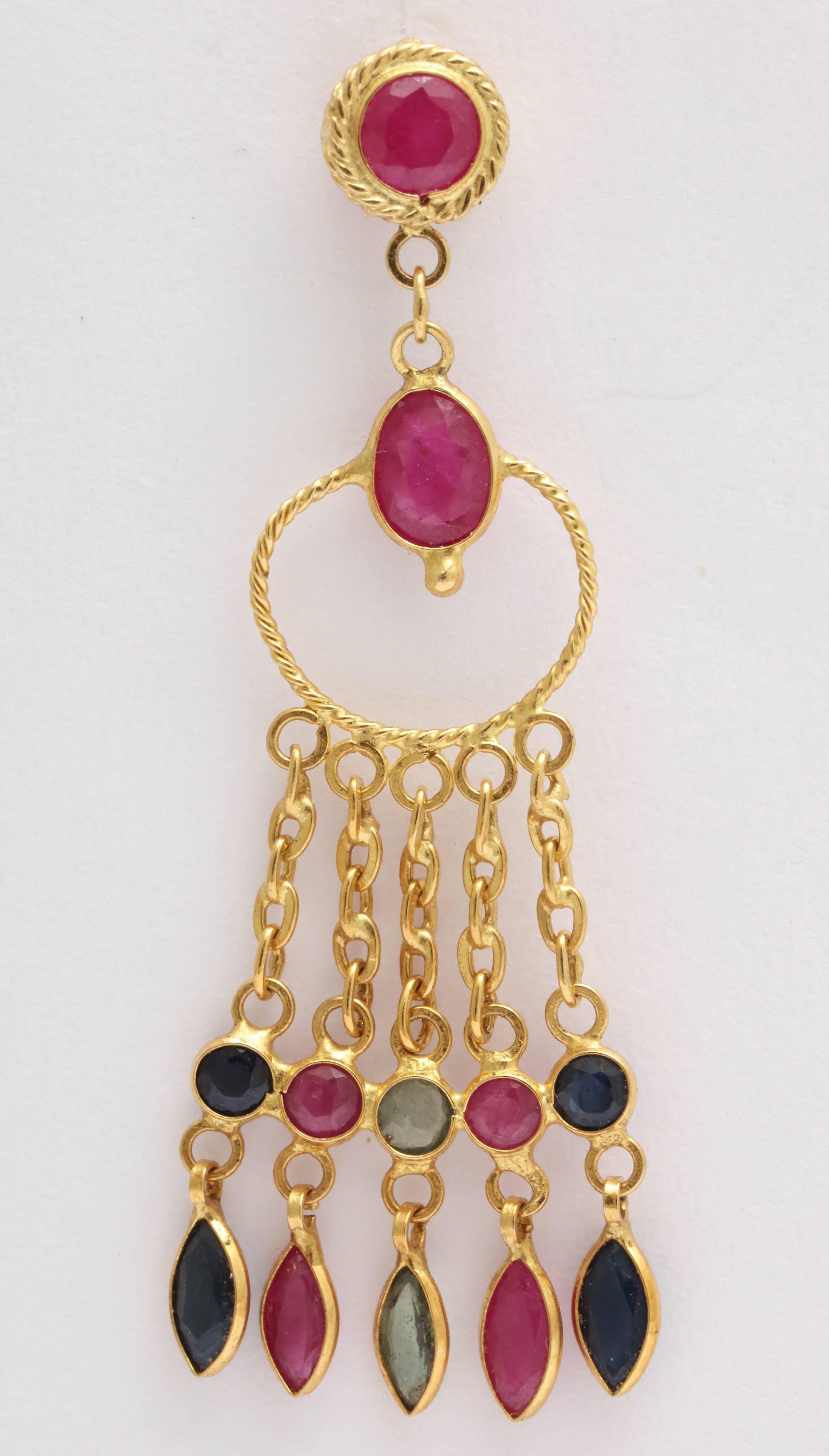 Artisan Elegant Ruby Sapphire Gold Earrings For Sale