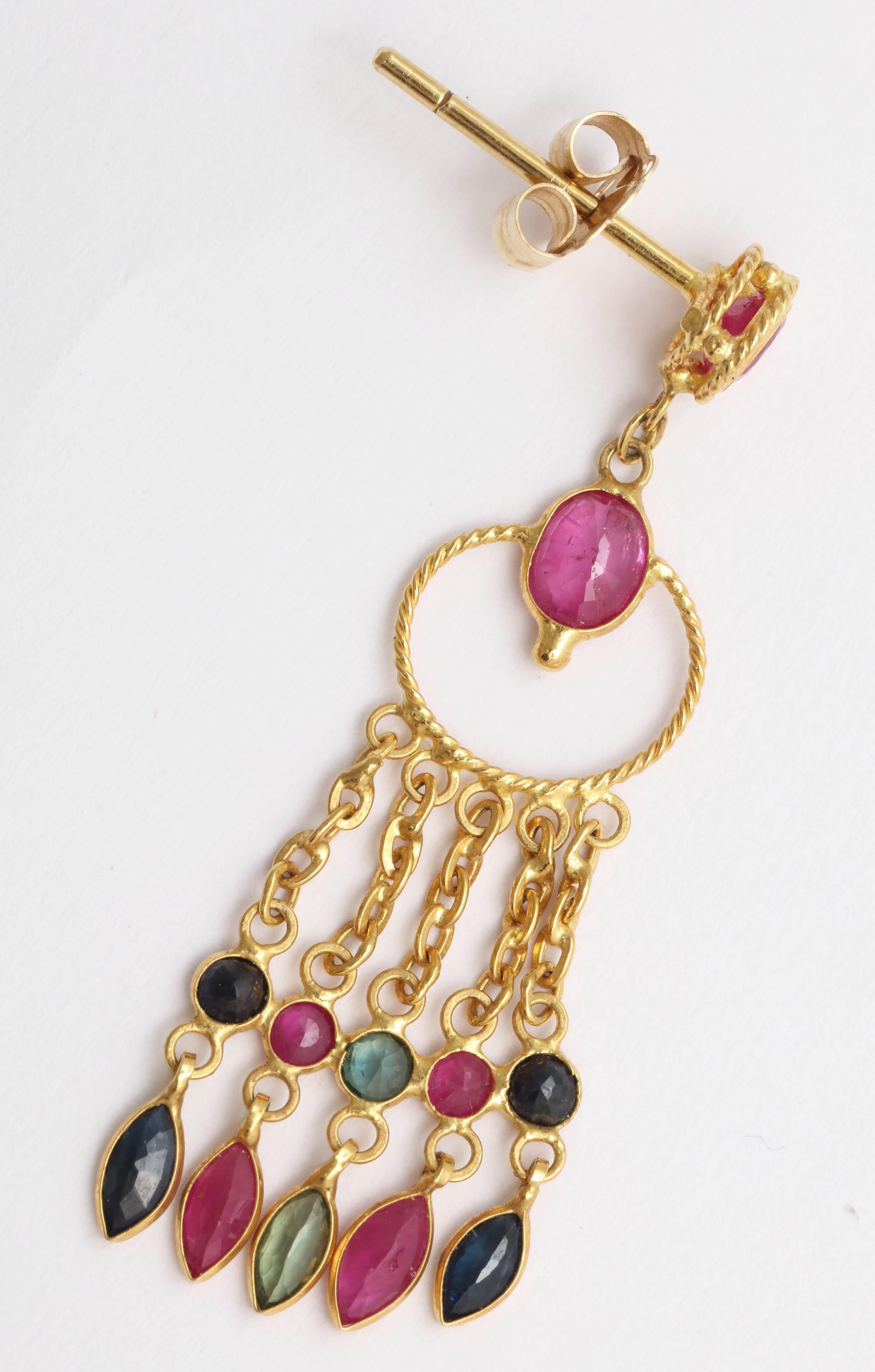 Women's Elegant Ruby Sapphire Gold Earrings For Sale