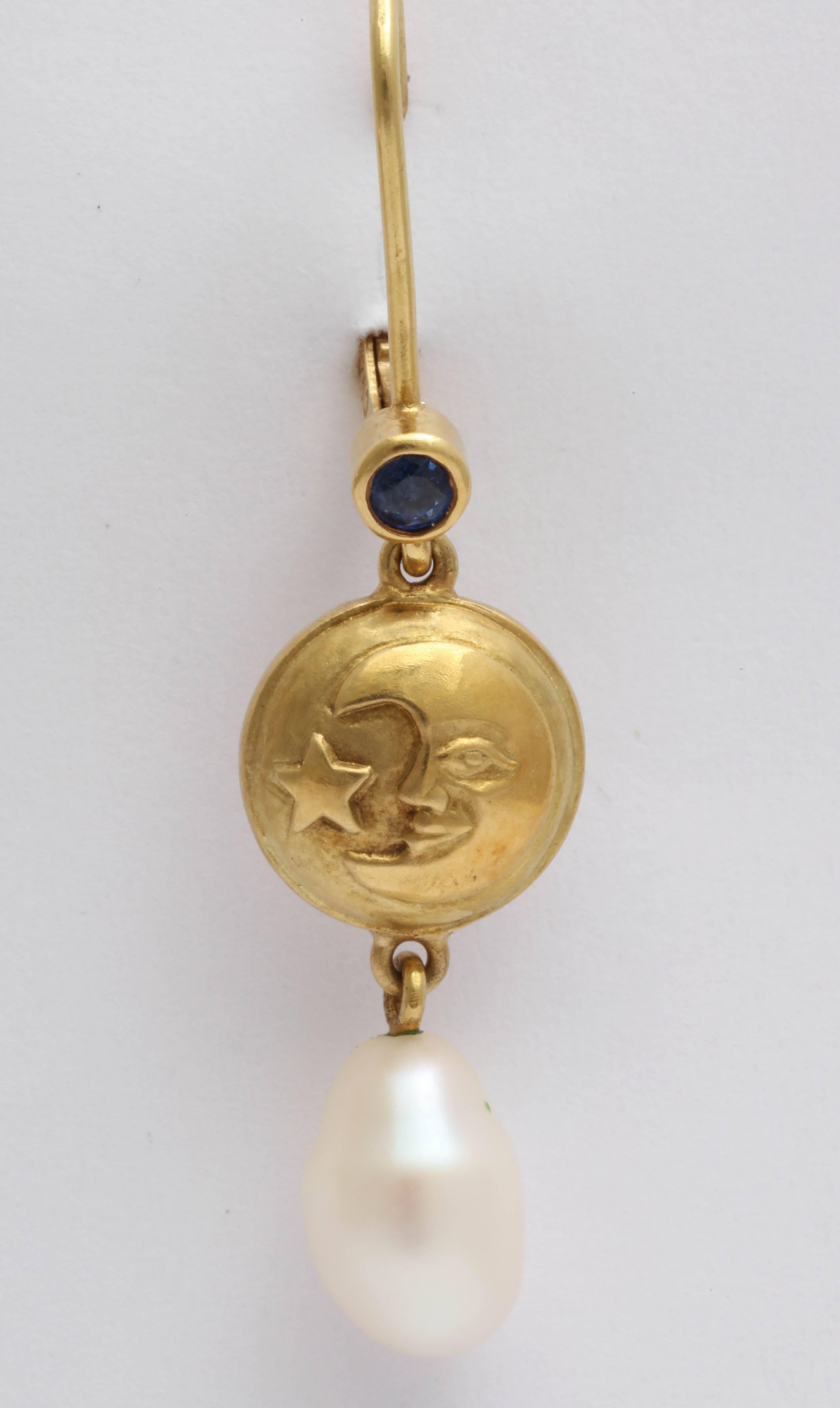 Artisan Pearl Sapphire Gold Celestial Drop Earrings