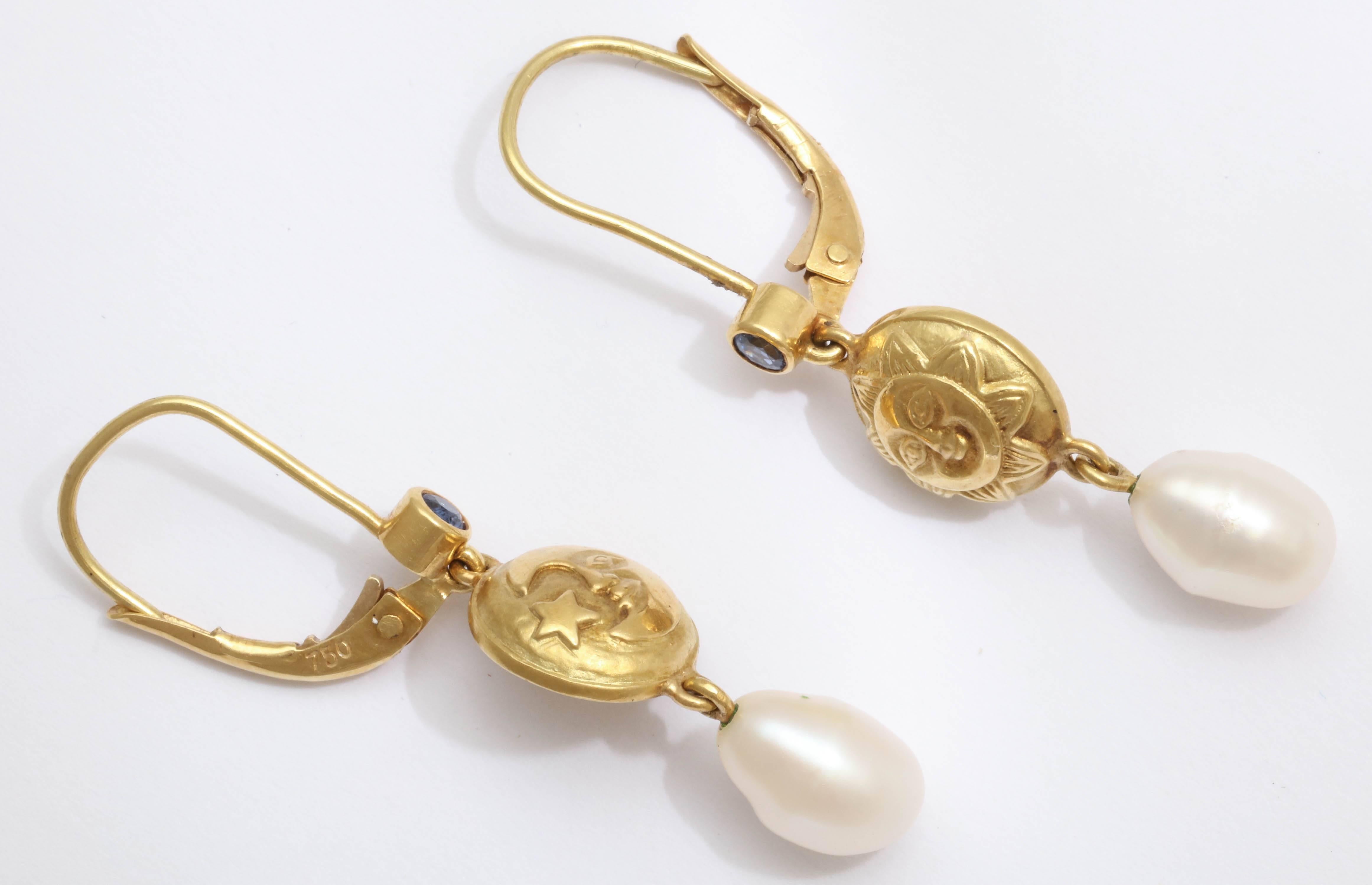 Pearl Sapphire Gold Celestial Drop Earrings In New Condition In TRYON, NC