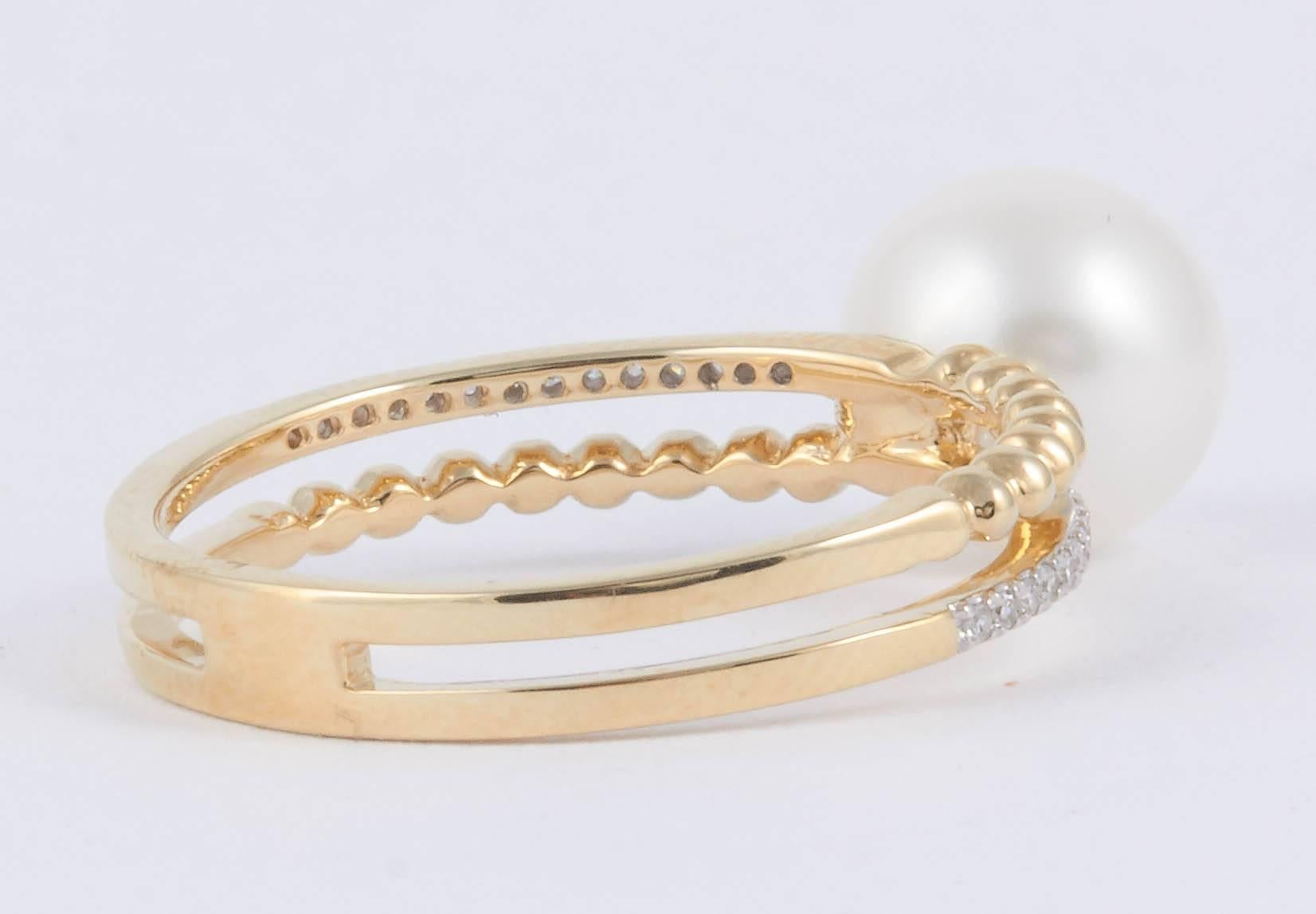 Women's Cultured Pearl Diamond Gold Double Band Ring