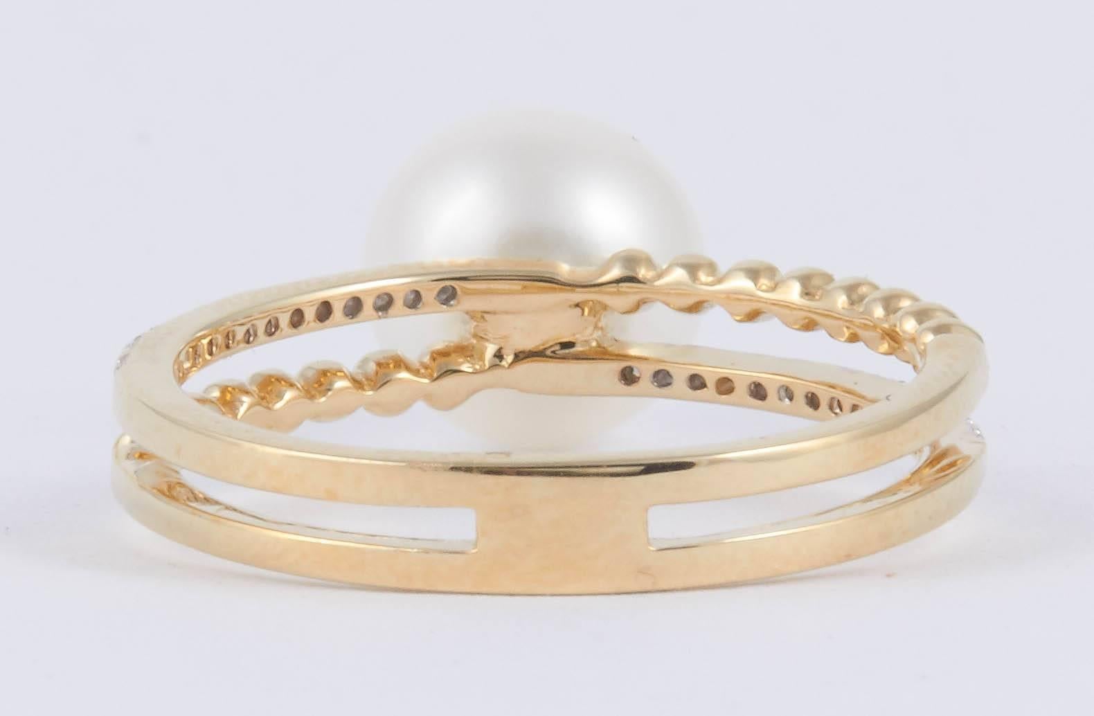 Cultured Pearl Diamond Gold Double Band Ring 1