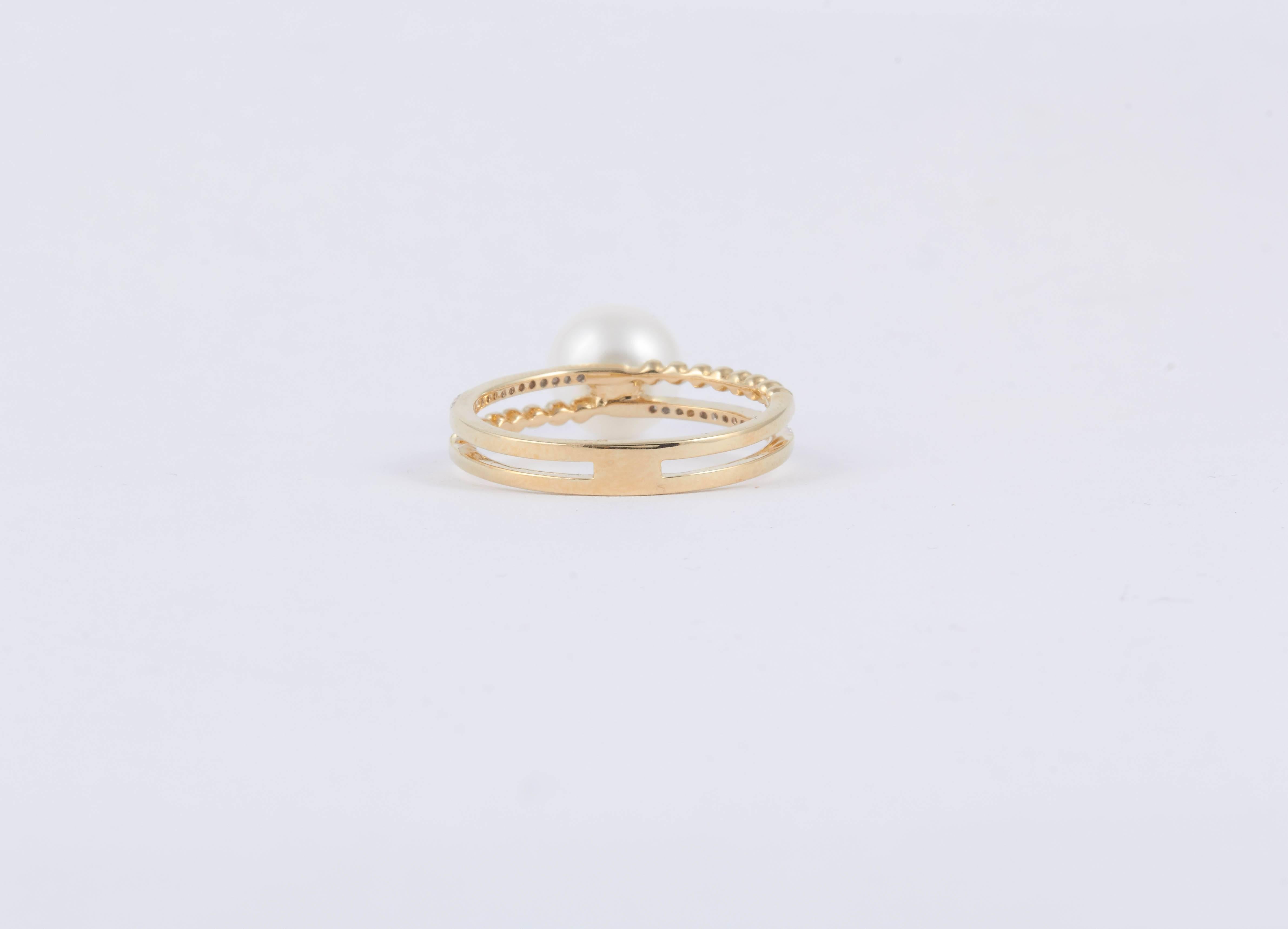 Cultured Pearl Diamond Gold Double Band Ring 2