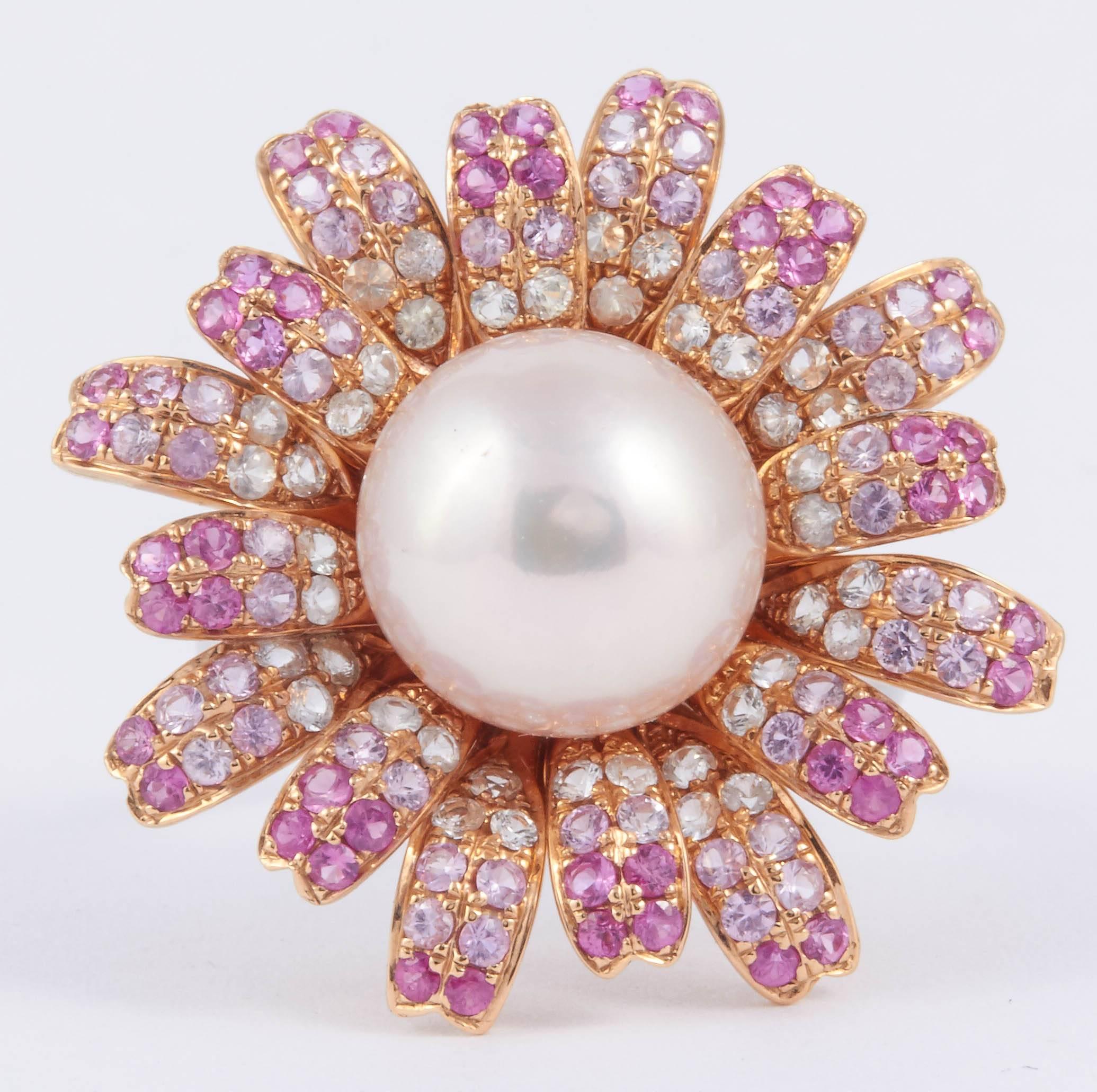Contemporary Fresh Water Pearl Pink Sapphire Gold Ring
