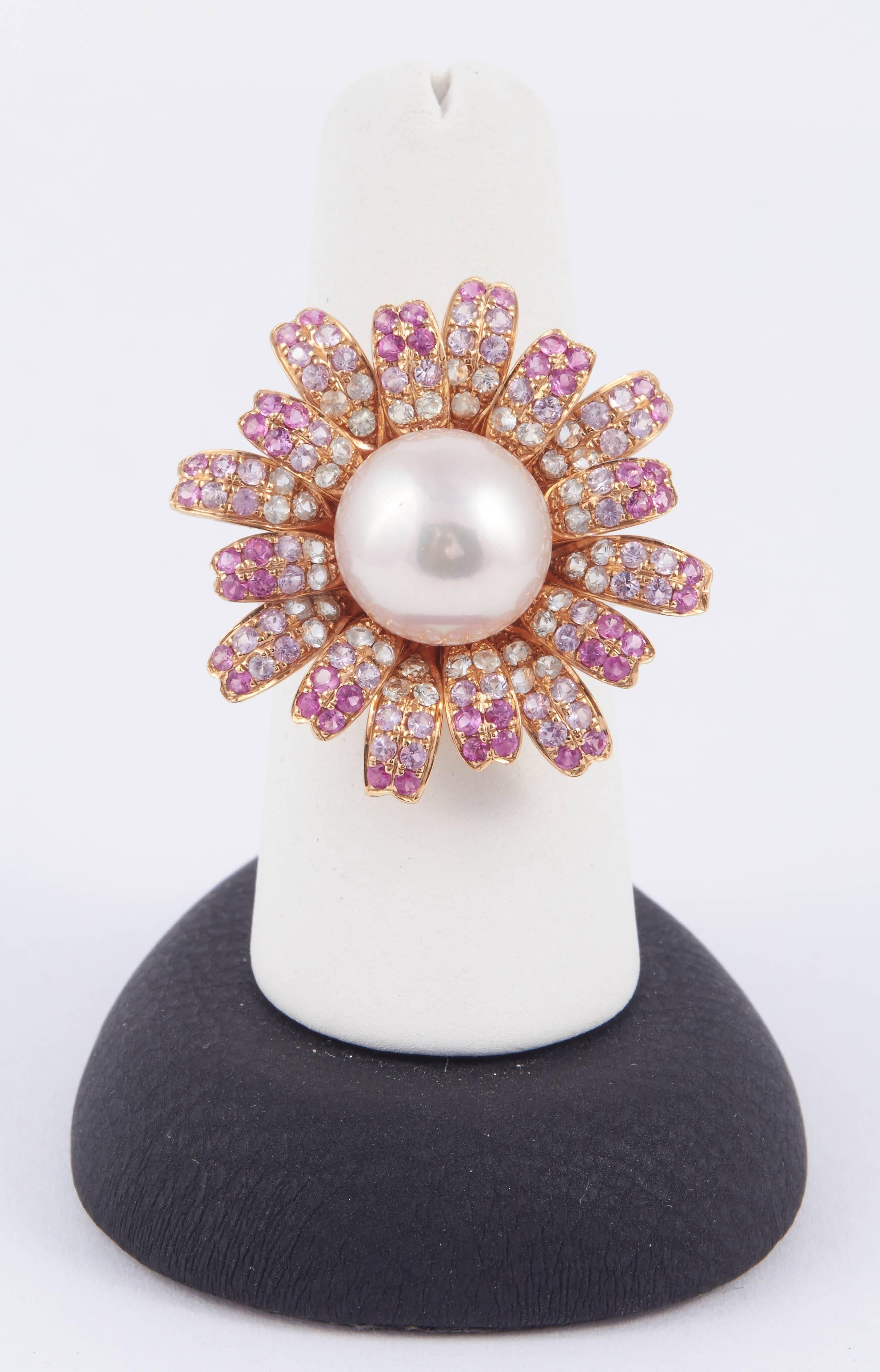 Women's Fresh Water Pearl Pink Sapphire Gold Ring