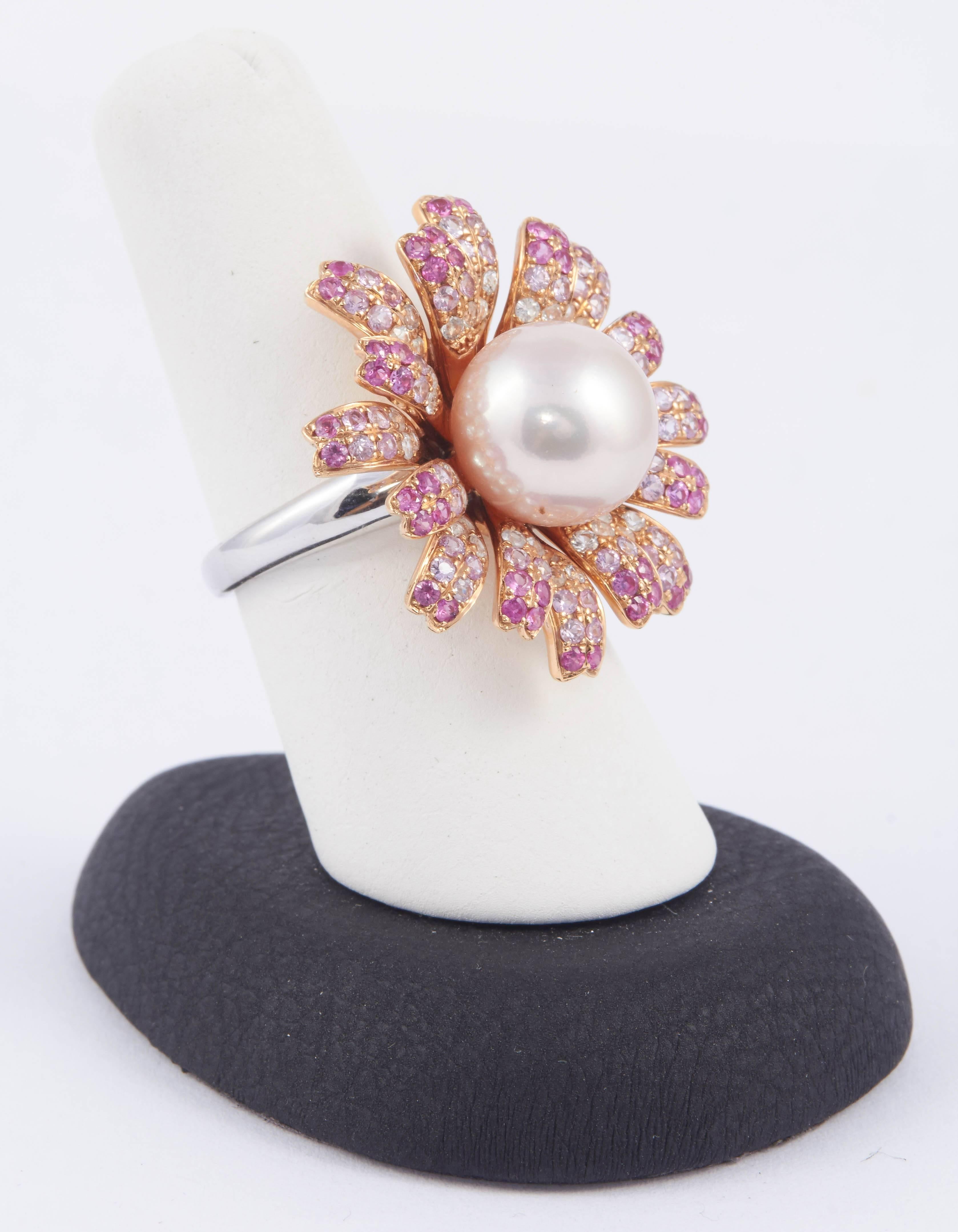 Fresh Water Pearl Pink Sapphire Gold Ring In New Condition In New York, NY