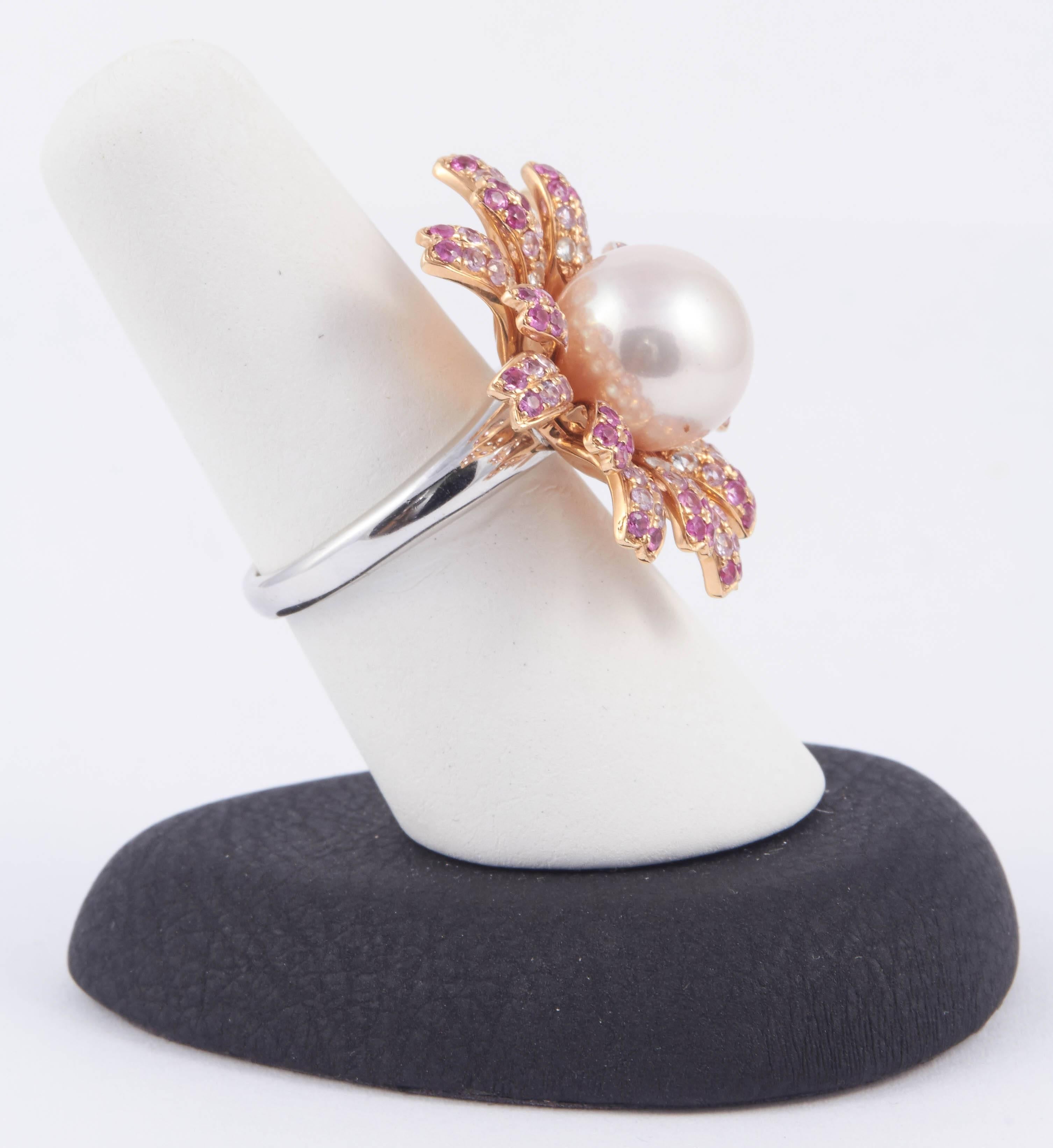 Fresh Water Pearl Pink Sapphire Gold Ring 2