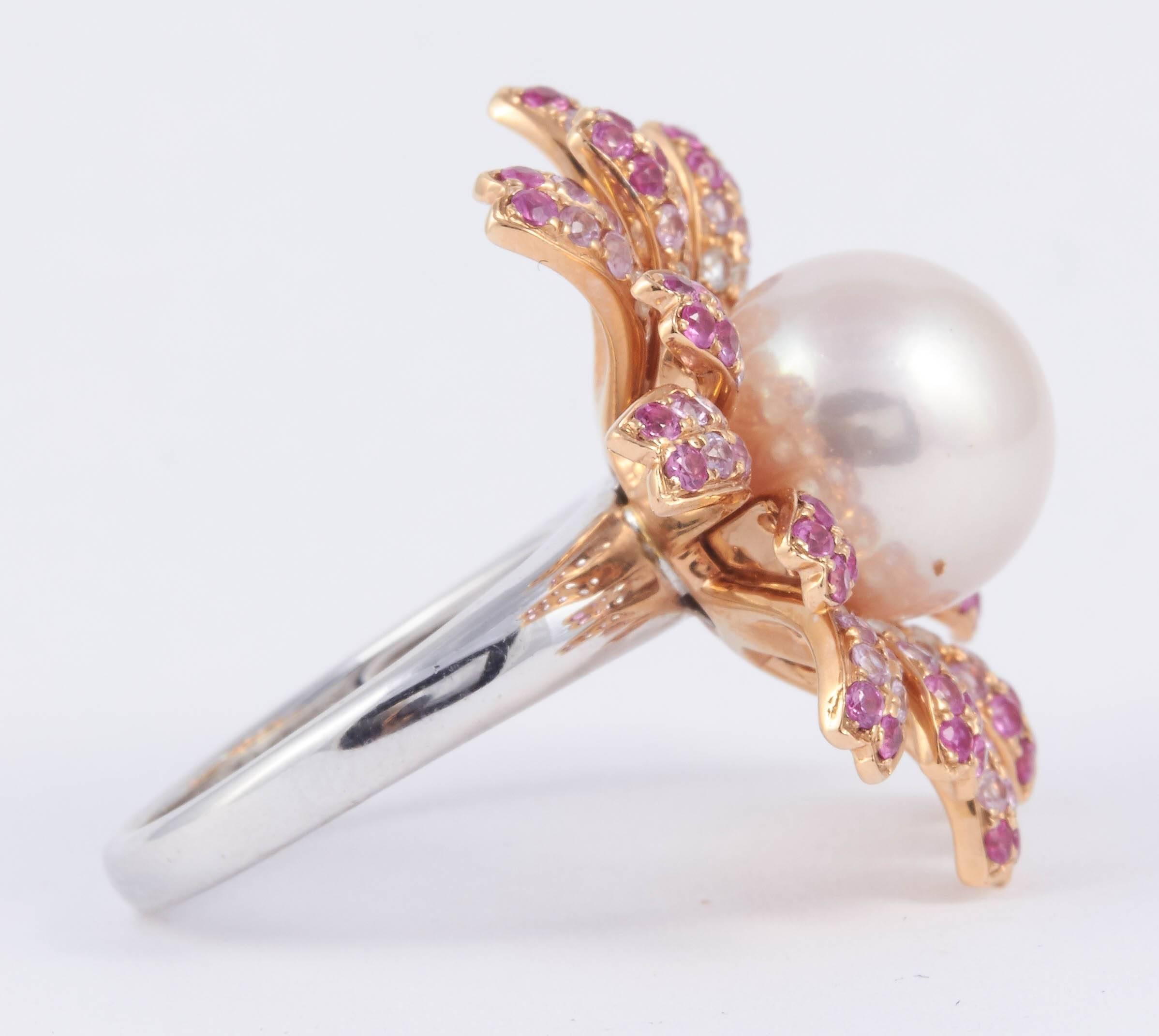 Fresh Water Pearl Pink Sapphire Gold Ring 1