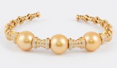 Golden South Sea Pearls Diamond Bangle Cuff Bracelet