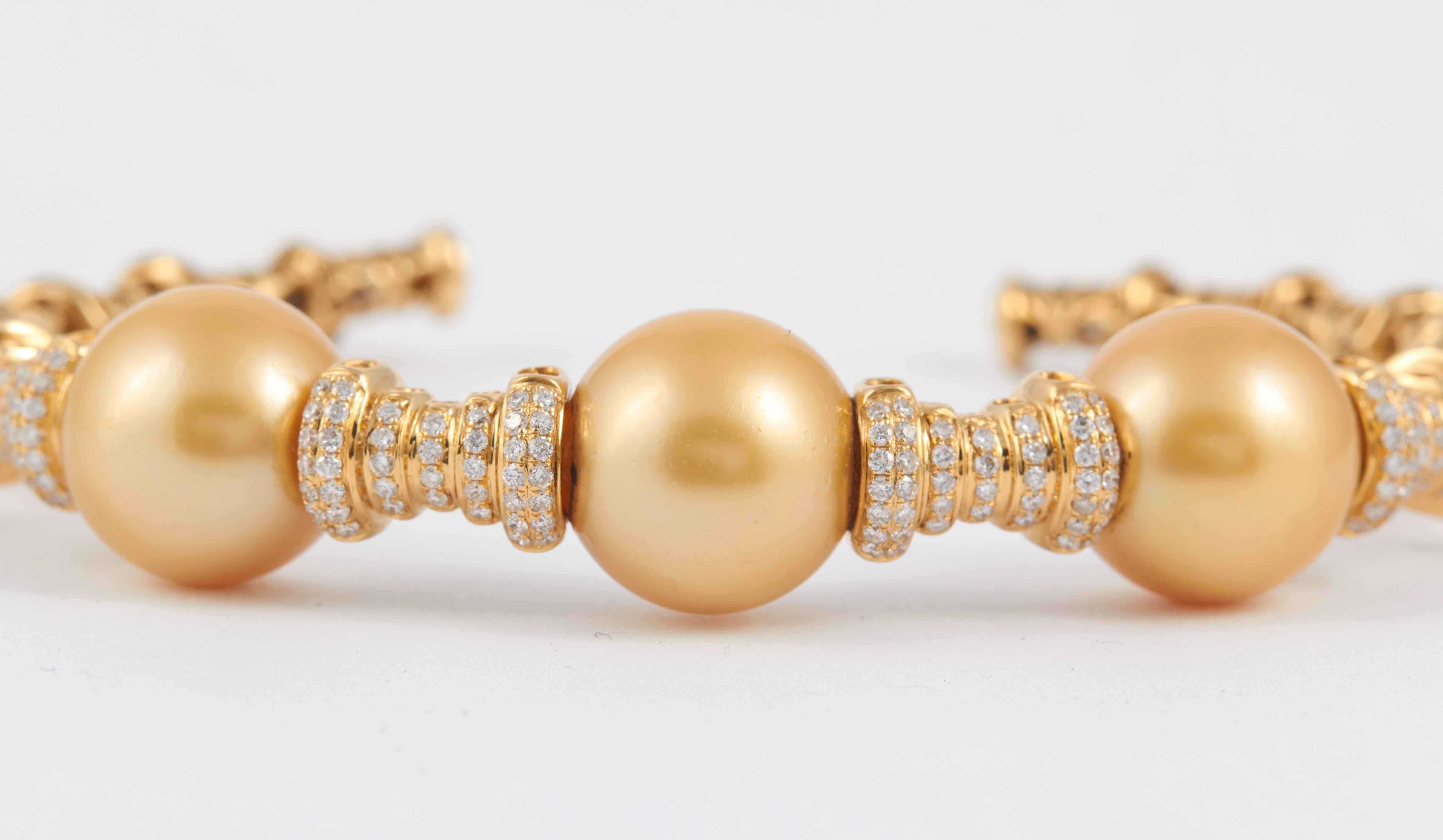 Golden South Sea Pearls Diamond Bangle Cuff Bracelet In New Condition In New York, NY