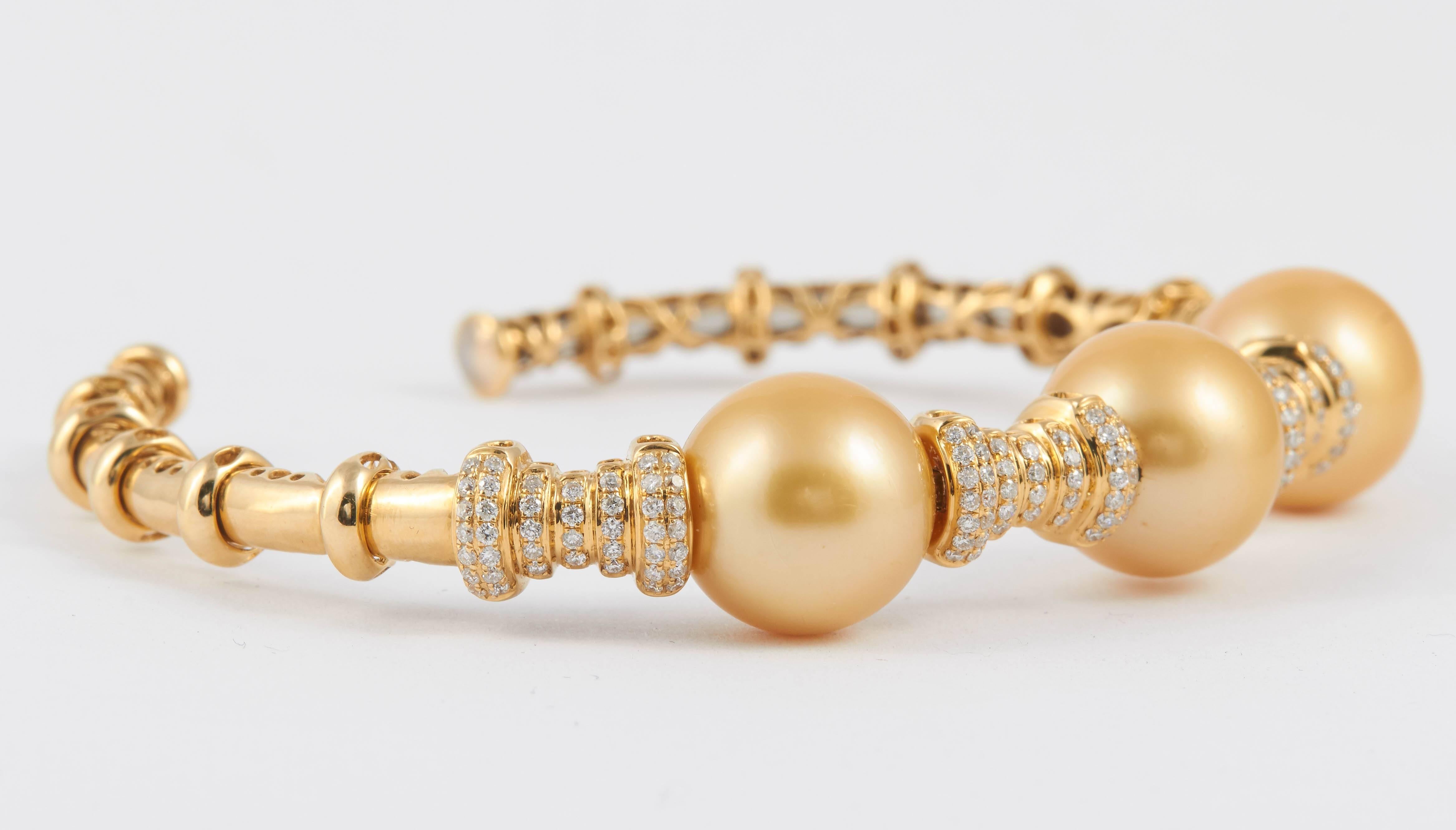 Women's Golden South Sea Pearls Diamond Bangle Cuff Bracelet