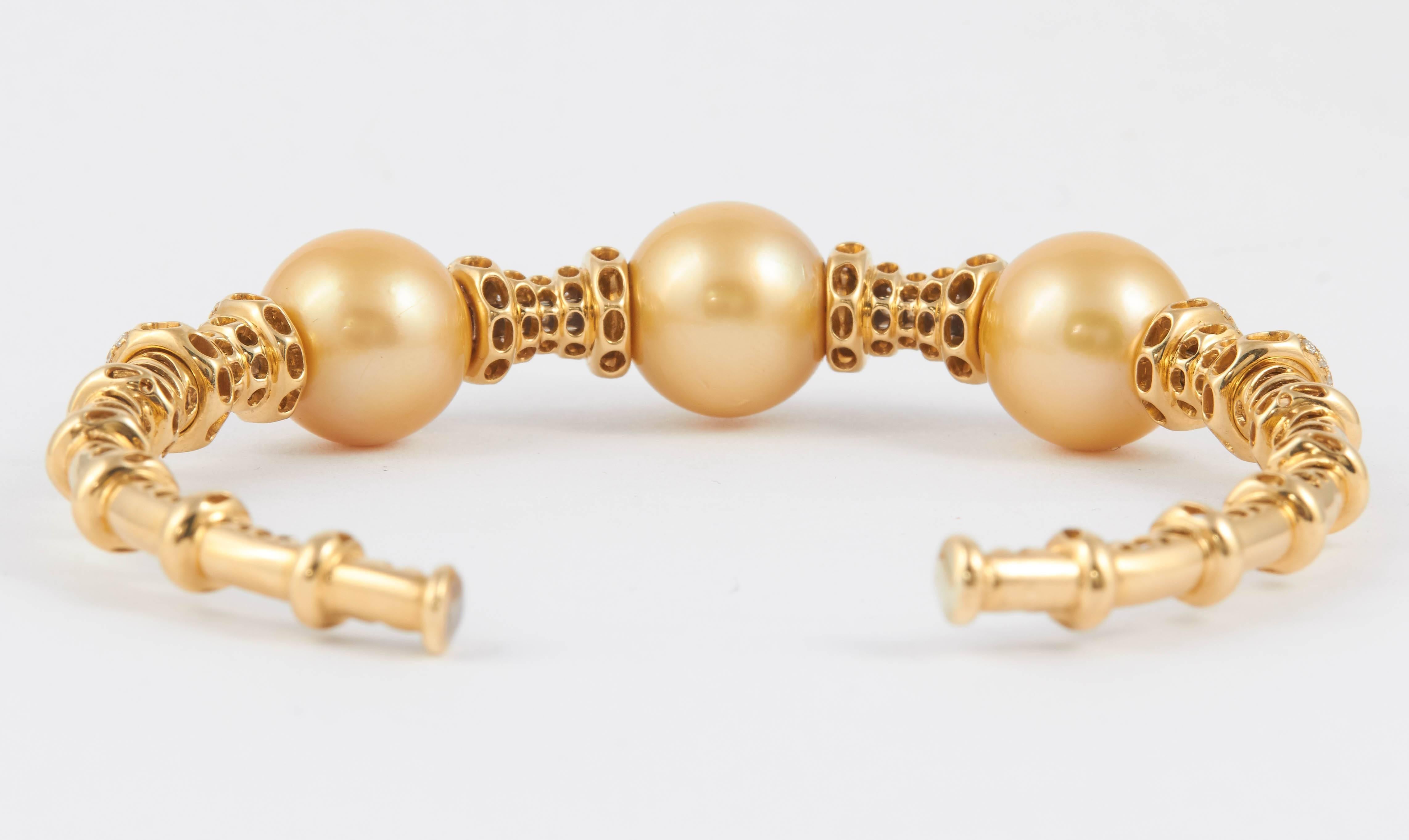 Golden South Sea Pearls Diamond Bangle Cuff Bracelet 2