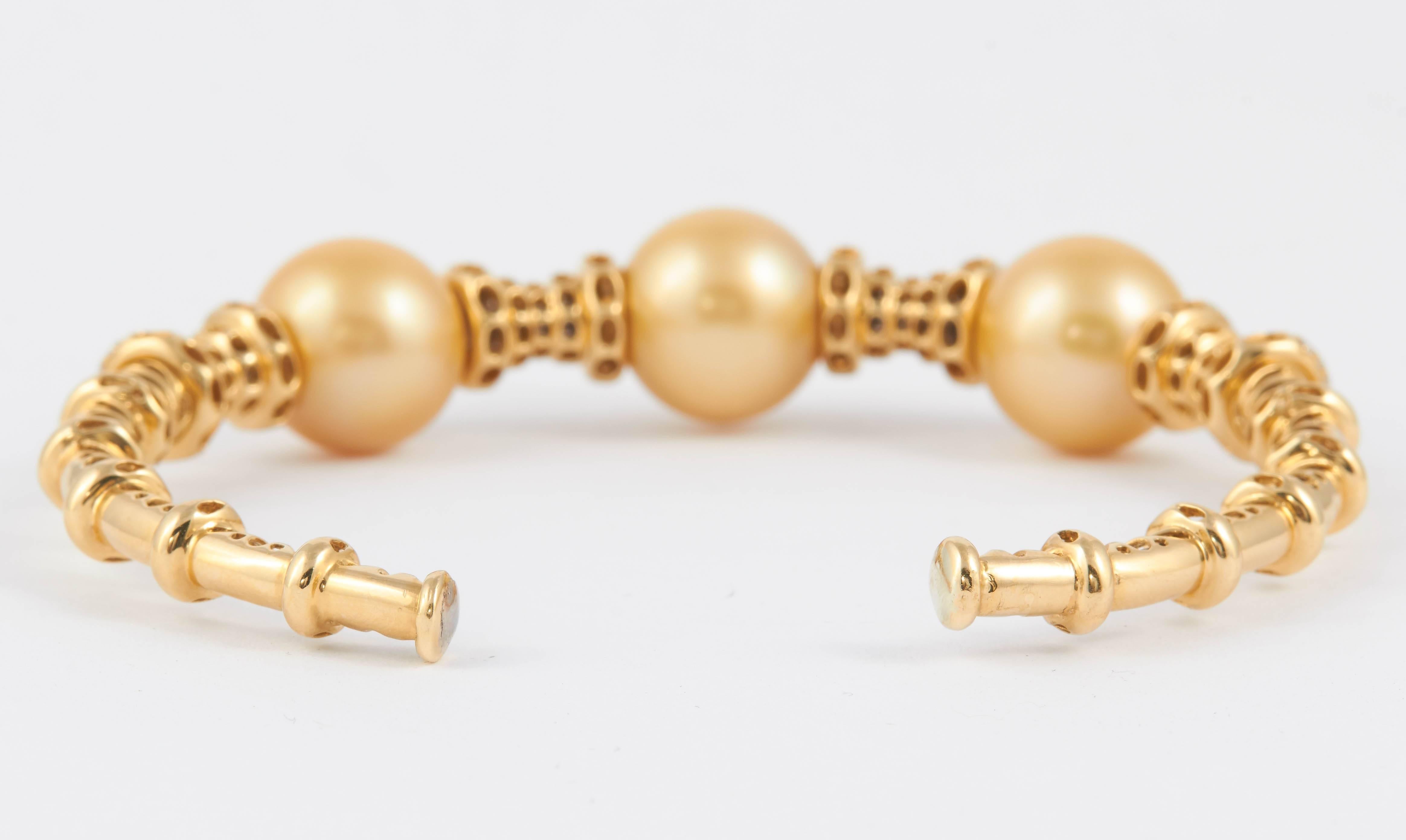 Golden South Sea Pearls Diamond Bangle Cuff Bracelet 3
