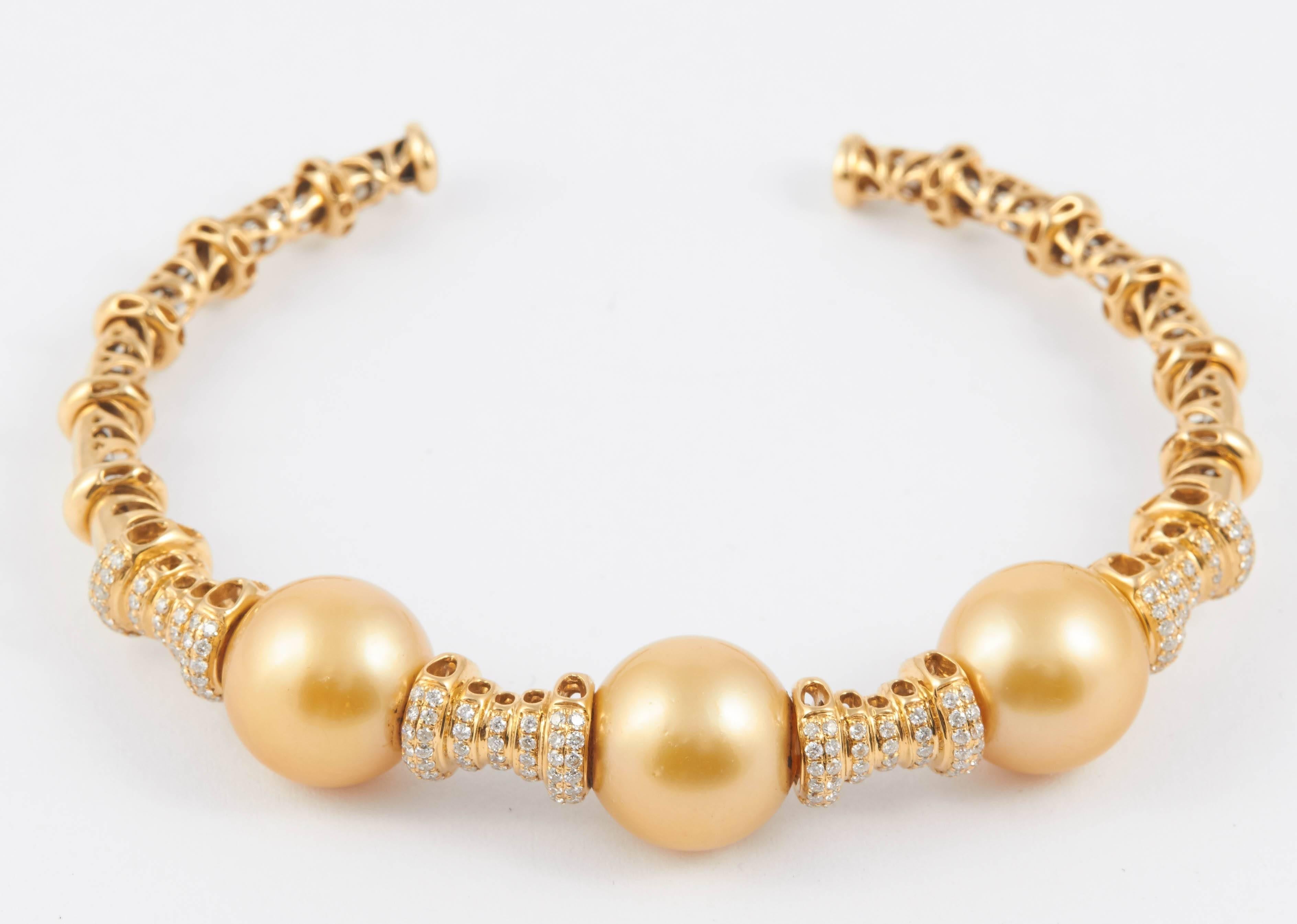 Golden South Sea Pearls Diamond Bangle Cuff Bracelet 4