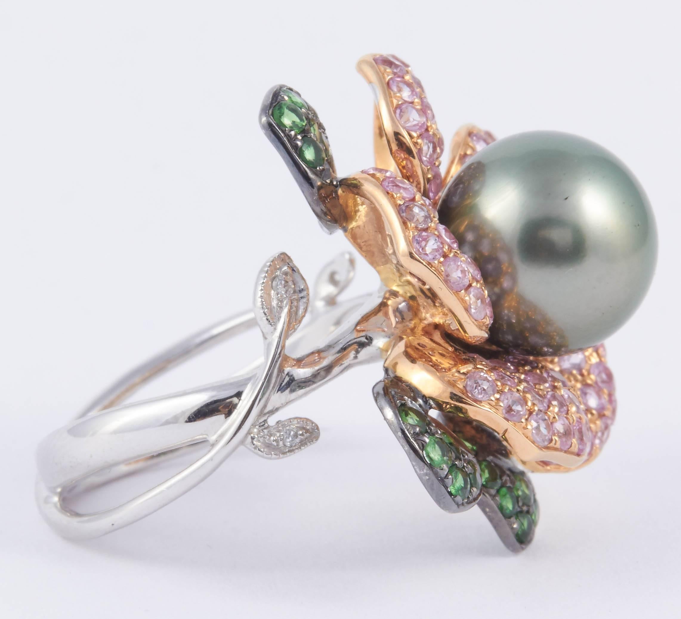 Contemporary Tahitian Cultured Pearl Diamond Gold Ring