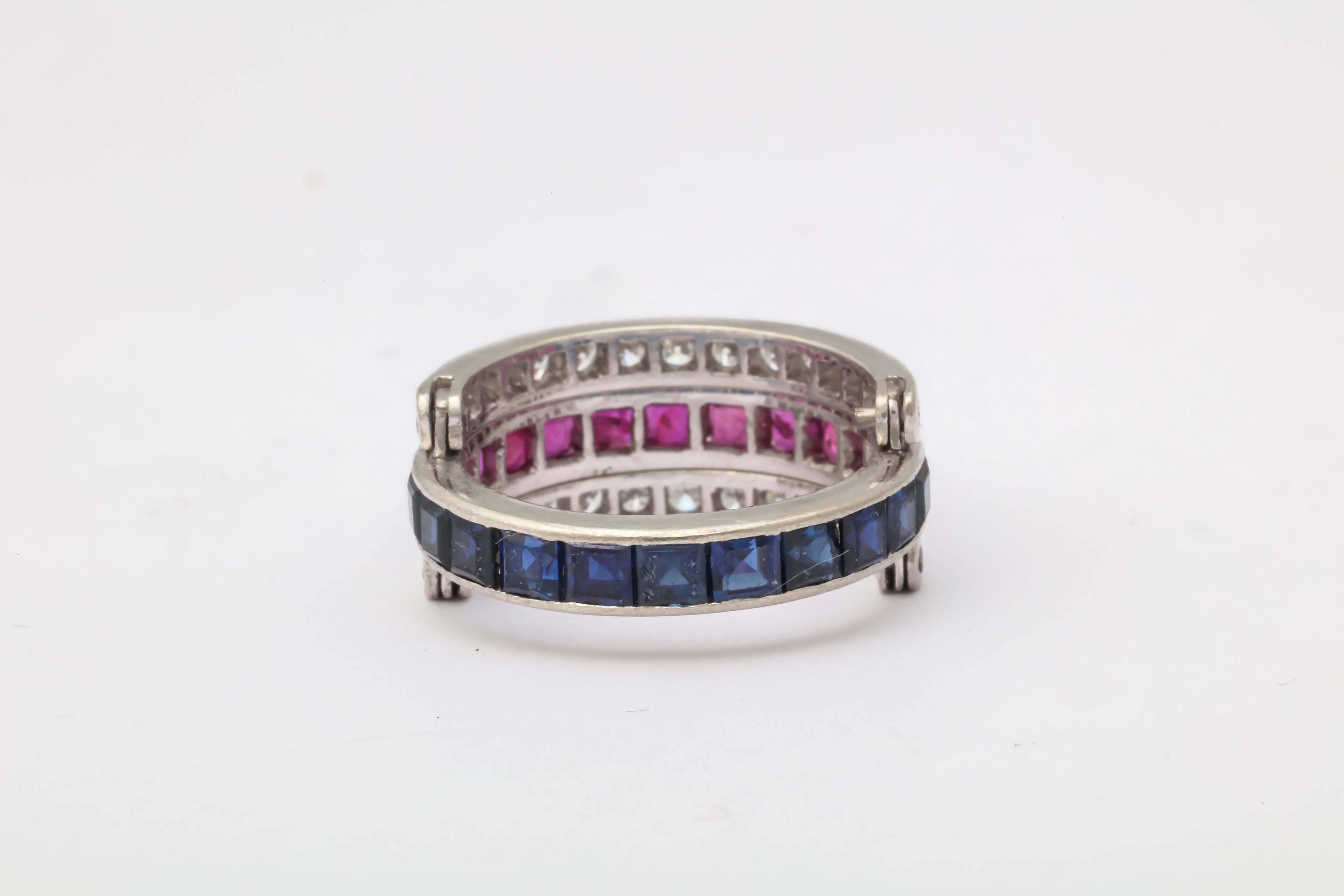 Art Deco Platinum Square Cut Ruby Sapphire With Diamonds Flip Ring 2