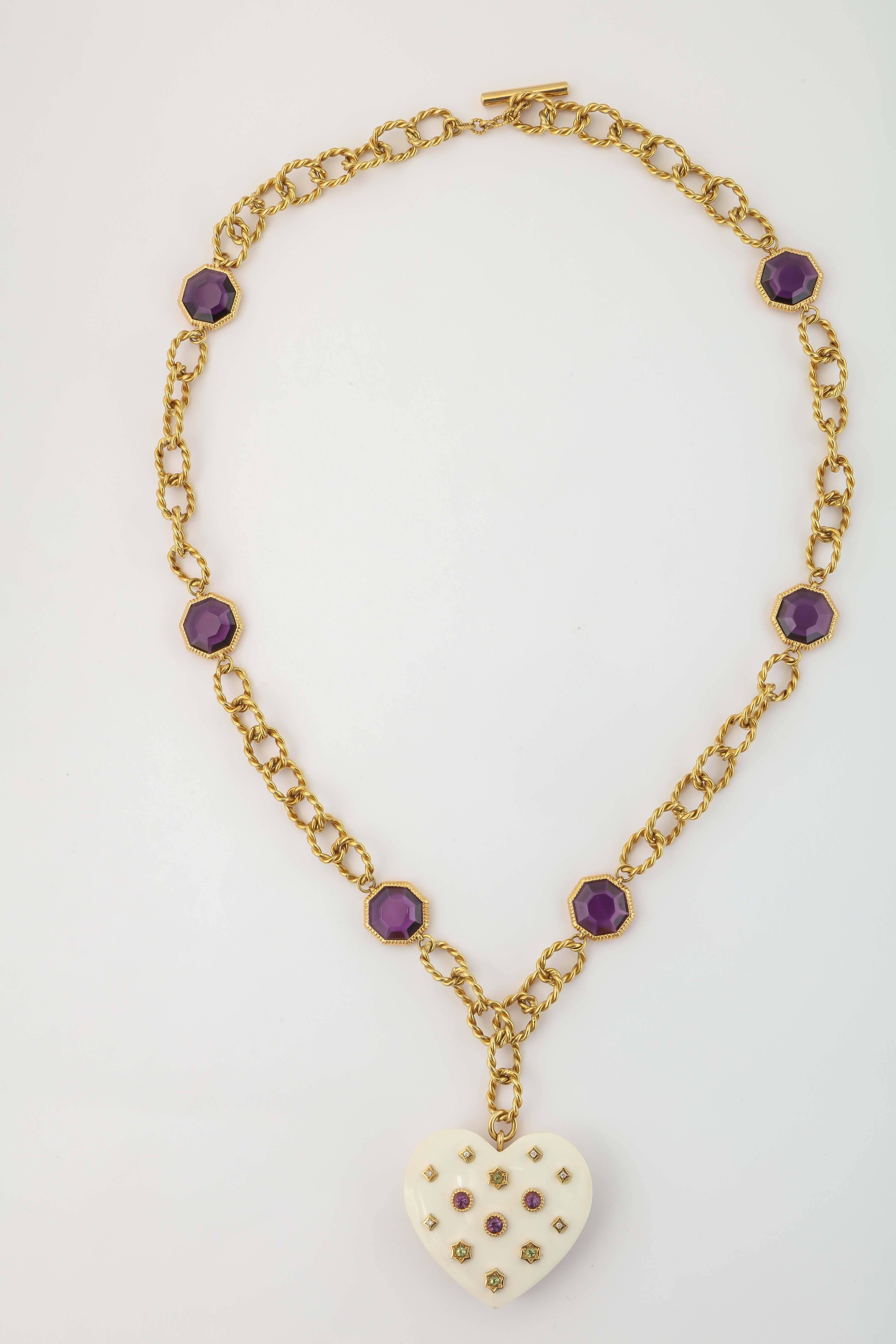 Women's 1960s White Ceramic Amethyst Peridot Diamond Gold Heart Necklace For Sale