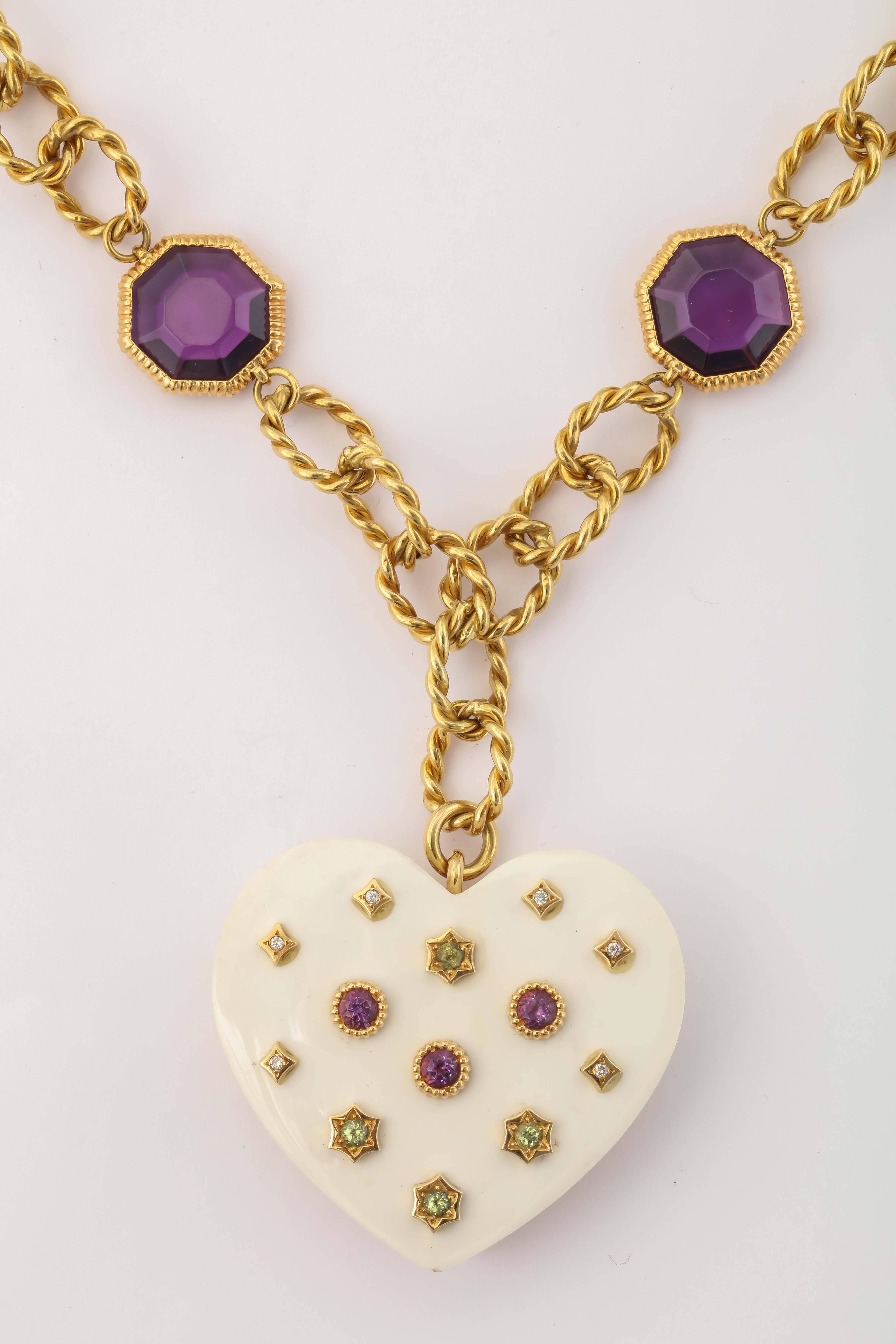 1960s White Ceramic Amethyst Peridot Diamond Gold Heart Necklace For Sale 1