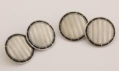 American Art Deco Sterling Silver and Black Guilloche Enamel Cufflinks